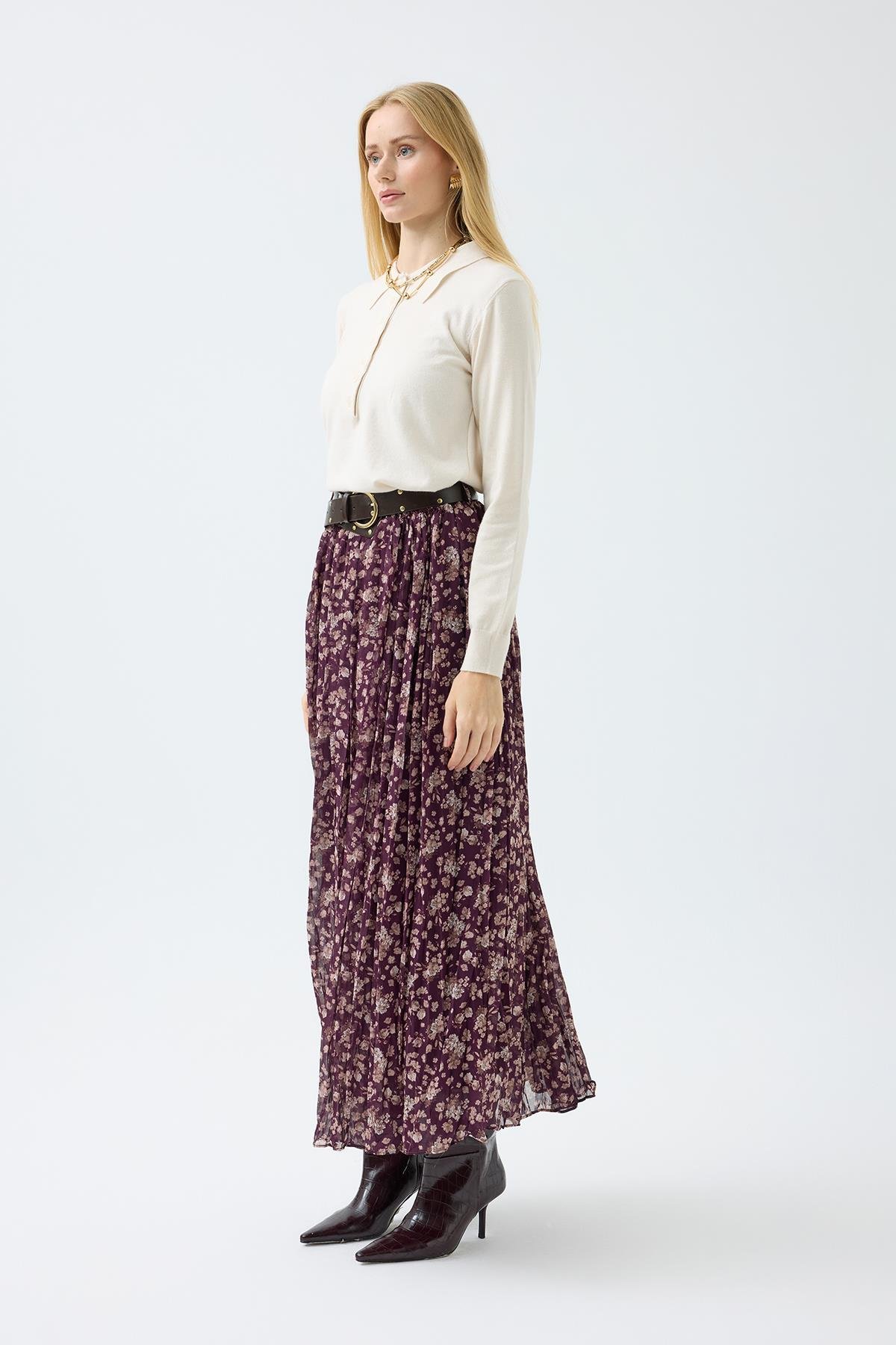 Nova Kemerli Şifon Etek - Mürdüm 