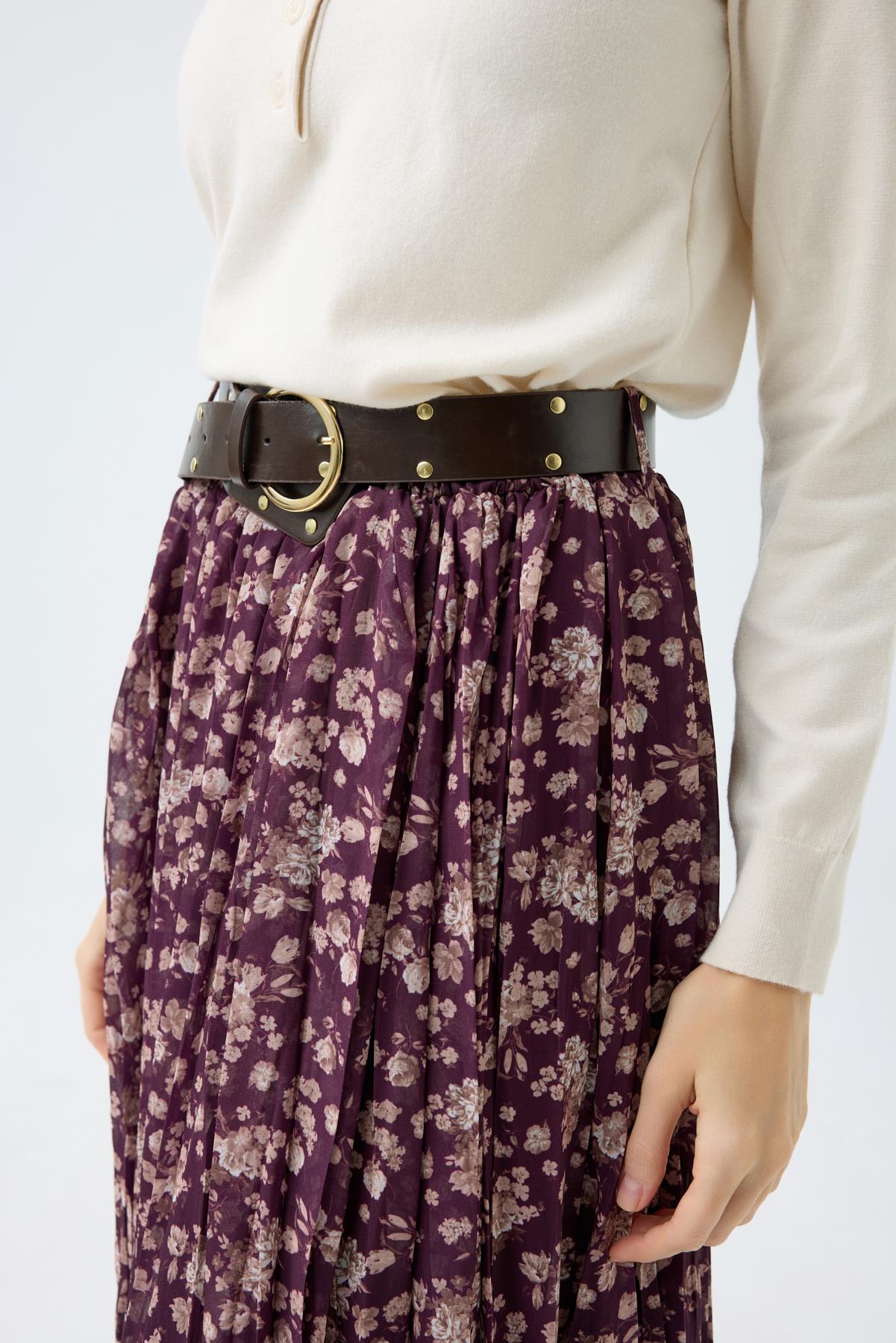 Nova Kemerli Şifon Etek - Mürdüm 