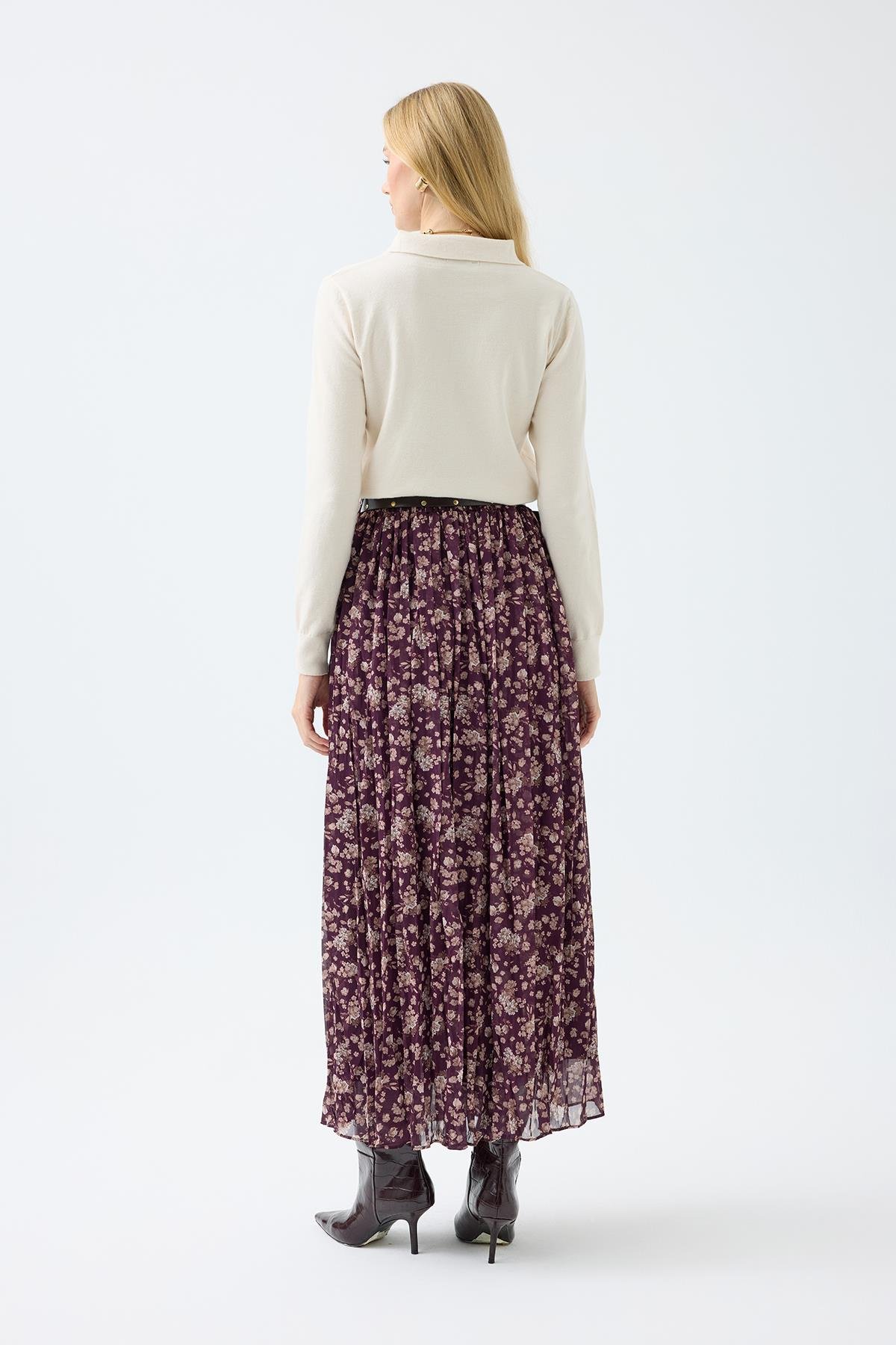 Nova Kemerli Şifon Etek - Mürdüm 