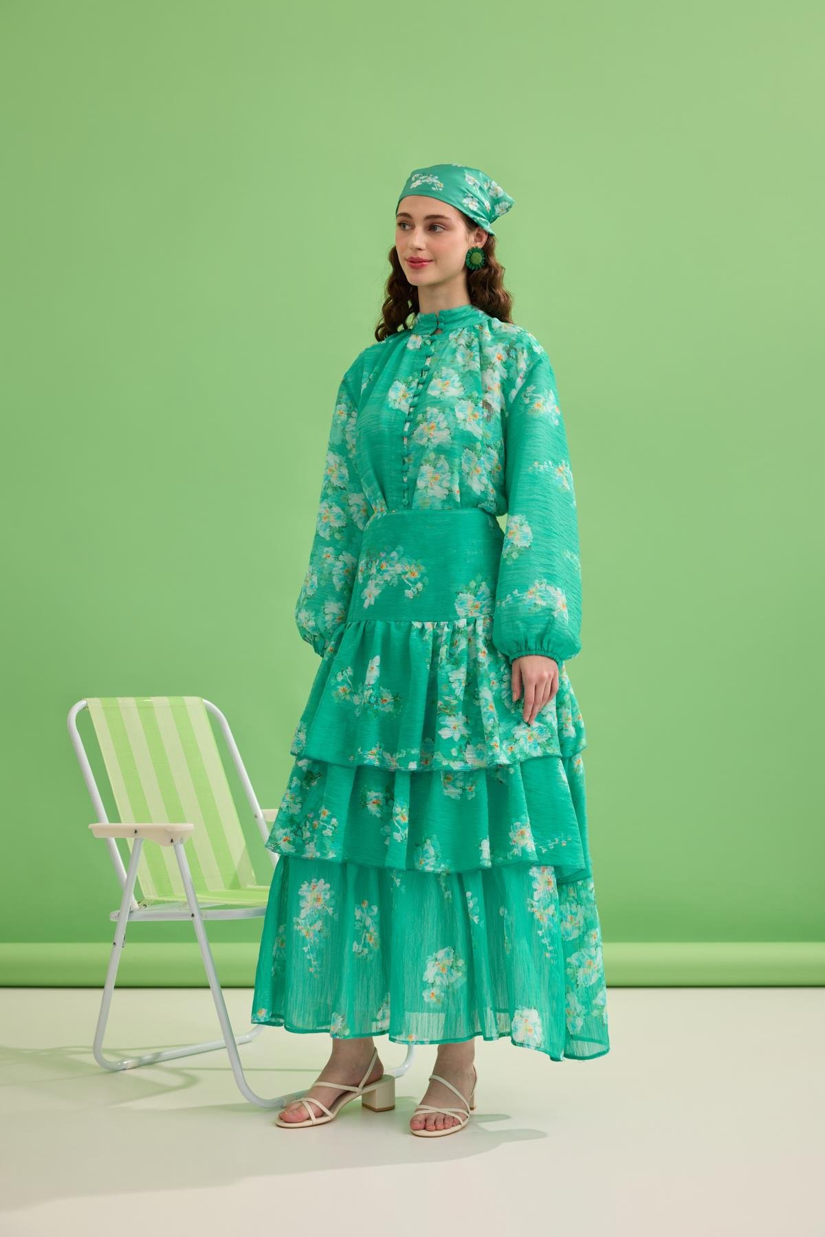 Ocean Vual Brit Düğmeli Volanlı Takım- Yeşil