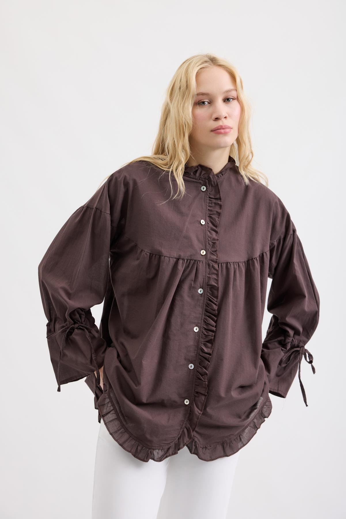 Olden Pamuk Vual Fırfırlı Gömlek- Acı Kahve