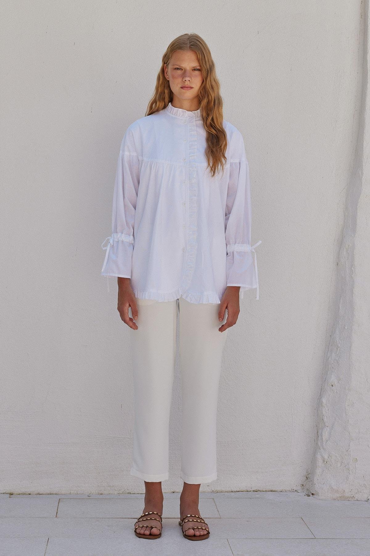 Olden Pamuk Vual Fırfırlı Gömlek - Beyaz