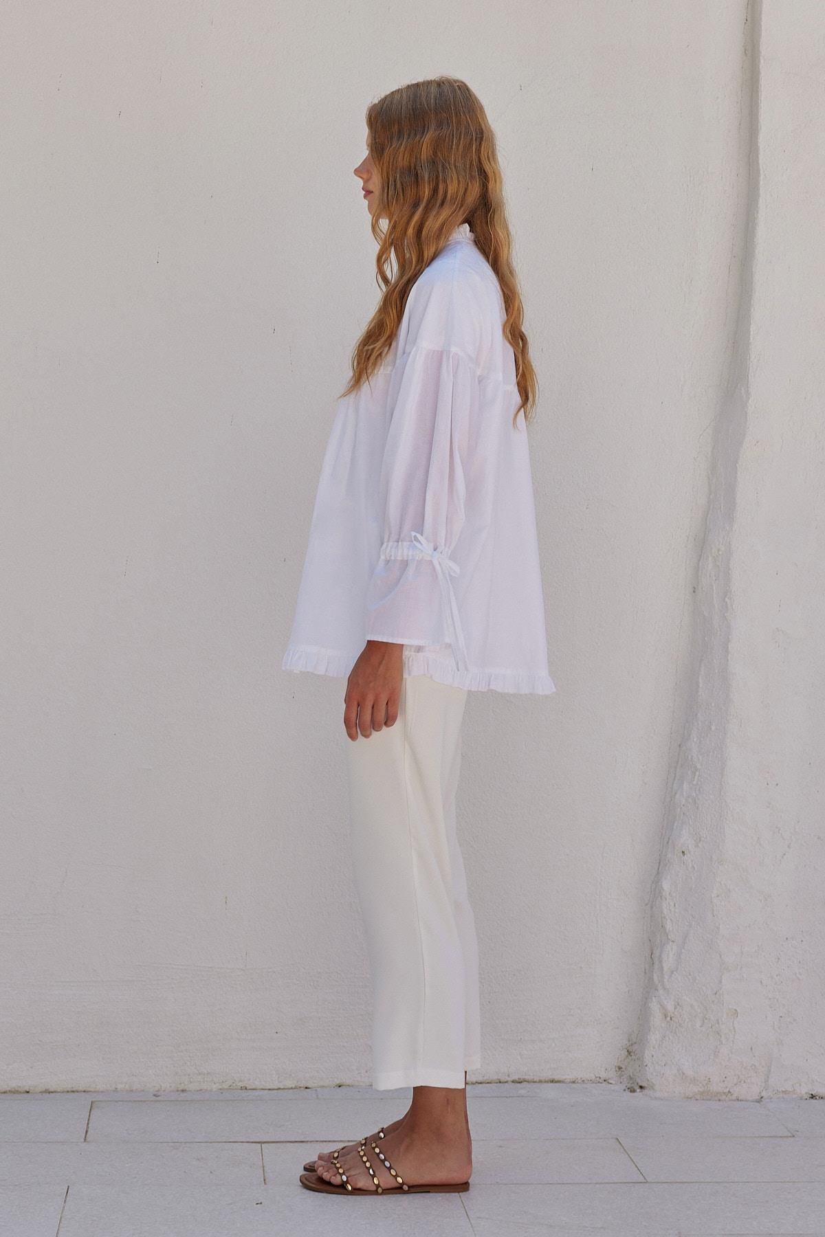 Olden Pamuk Vual Fırfırlı Gömlek - Beyaz