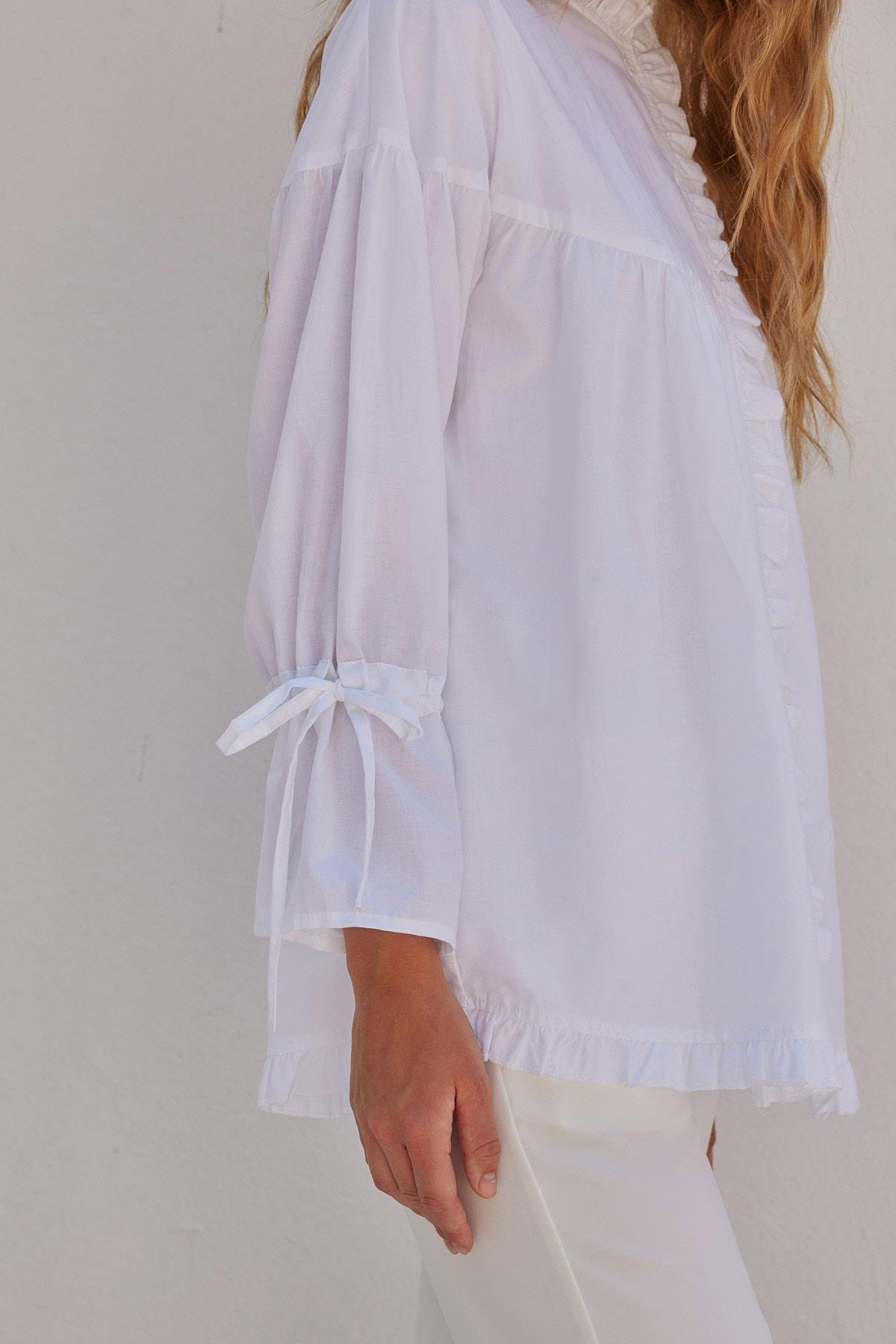 Olden Pamuk Vual Fırfırlı Gömlek - Beyaz