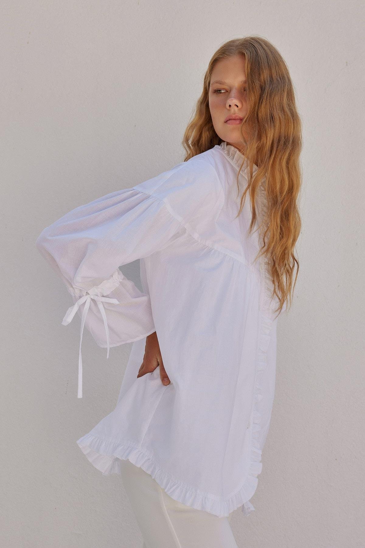 Olden Pamuk Vual Fırfırlı Gömlek - Beyaz