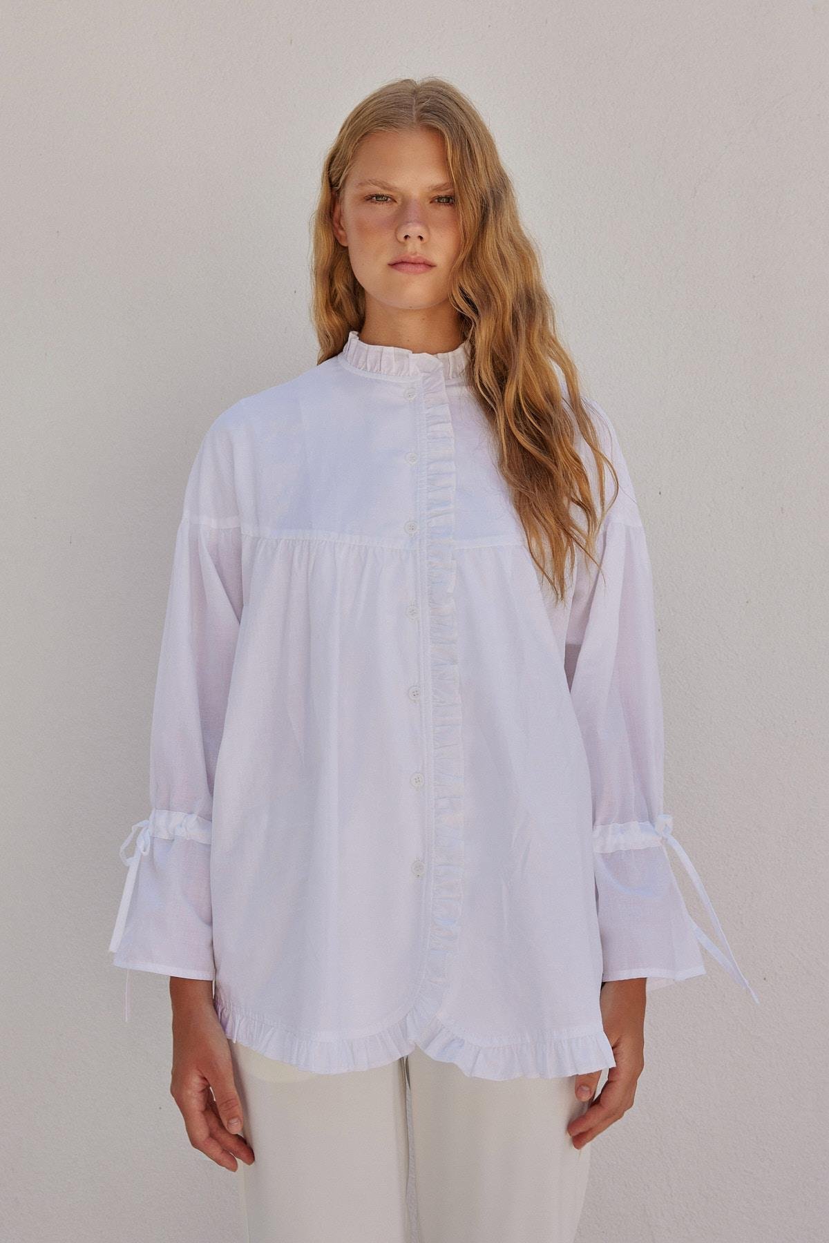 Olden Pamuk Vual Fırfırlı Gömlek - Beyaz