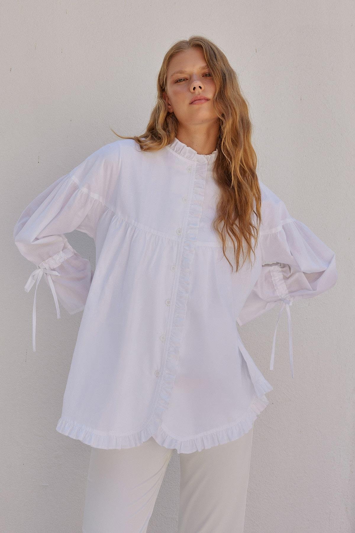 Olden Pamuk Vual Fırfırlı Gömlek - Beyaz