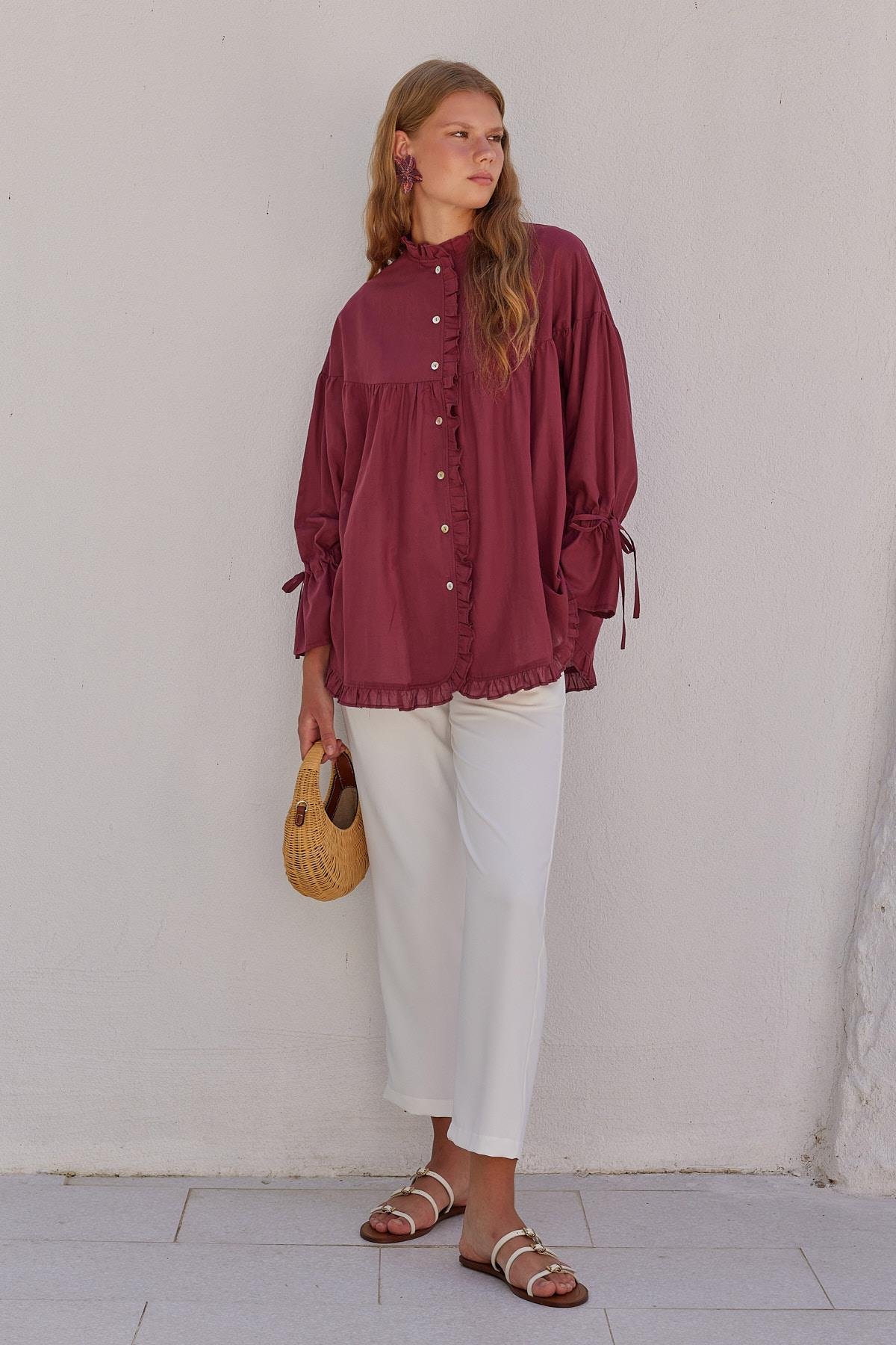 Olden Pamuk Vual Fırfırlı Gömlek - Bordo