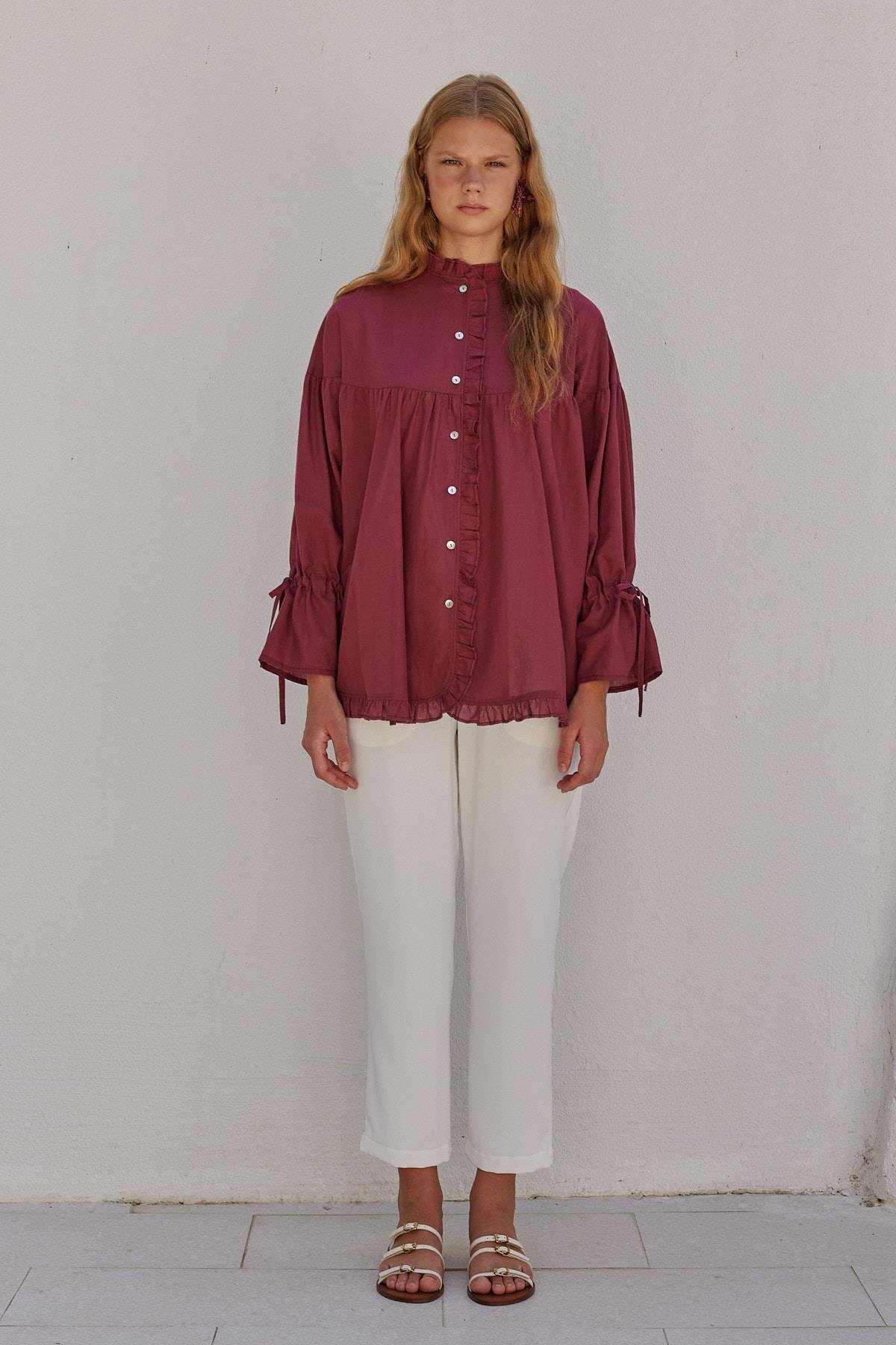 Olden Pamuk Vual Fırfırlı Gömlek - Bordo