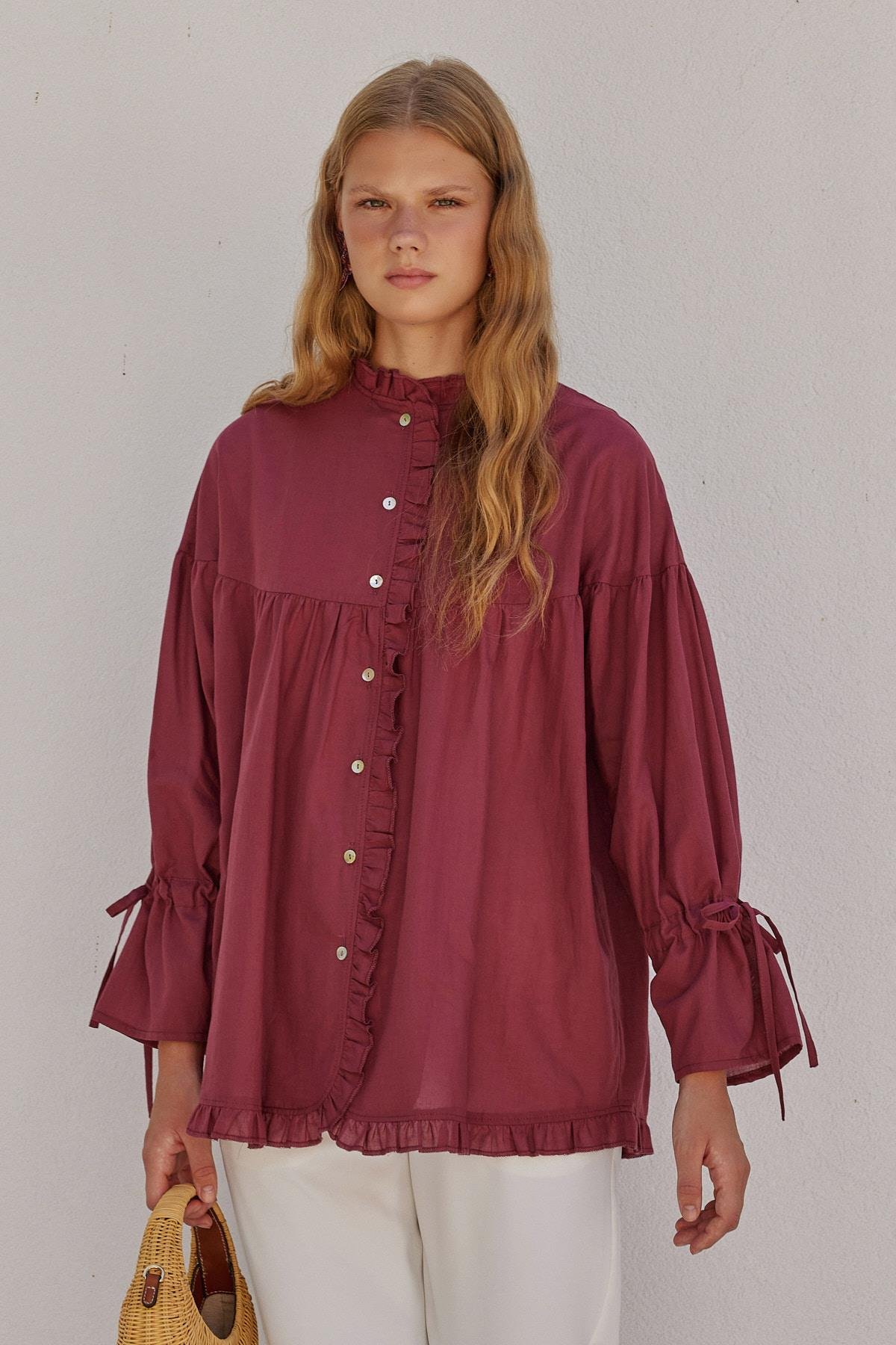 Olden Pamuk Vual Fırfırlı Gömlek - Bordo