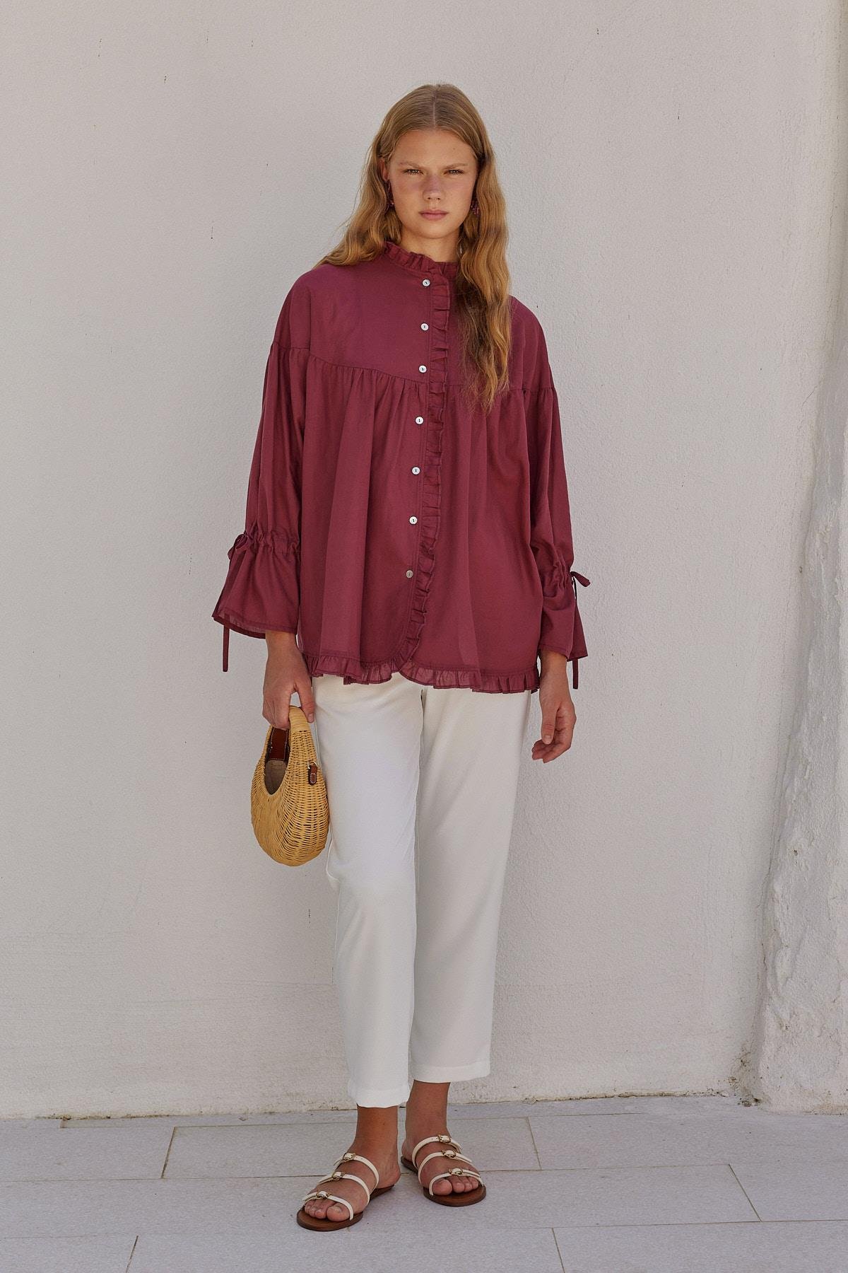 Olden Pamuk Vual Fırfırlı Gömlek - Bordo