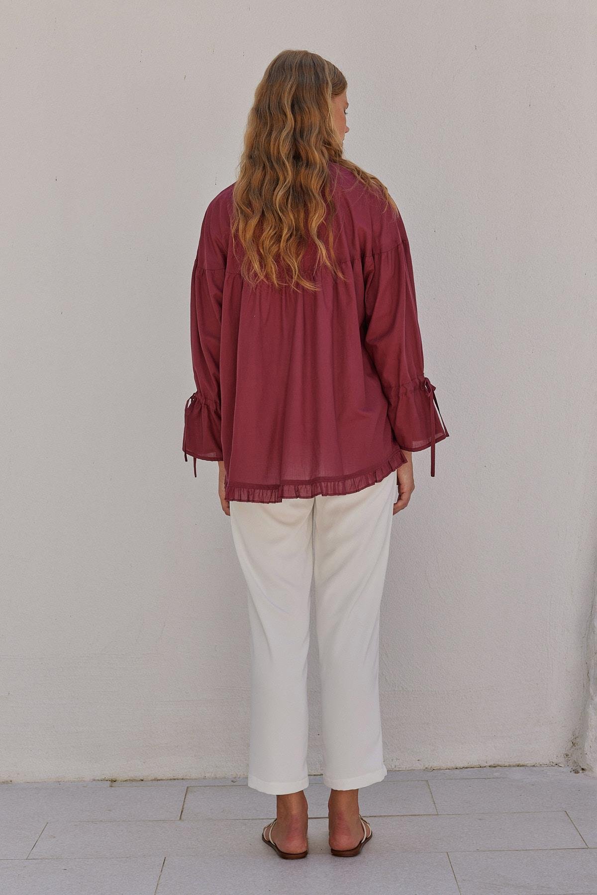 Olden Pamuk Vual Fırfırlı Gömlek - Bordo