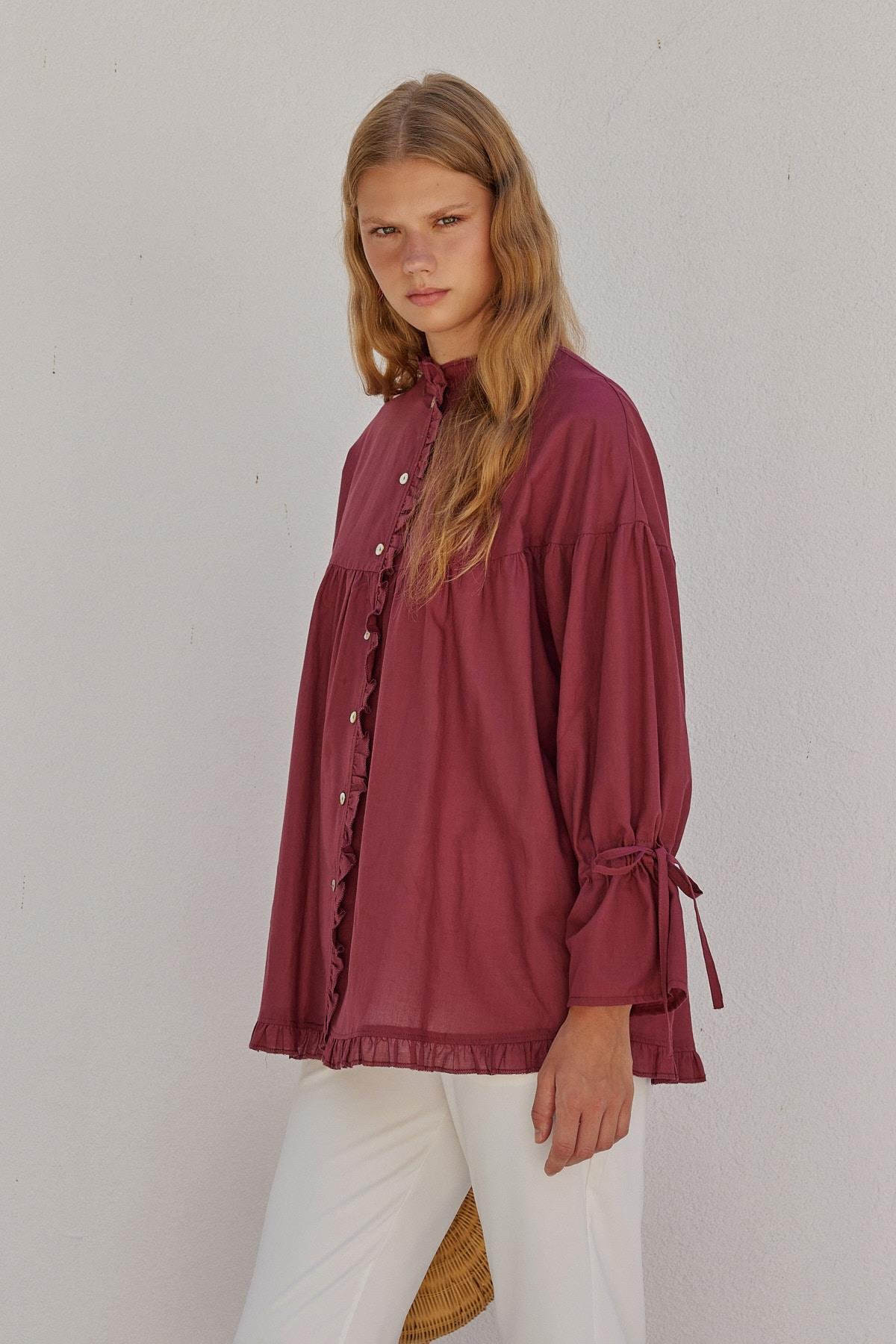 Olden Pamuk Vual Fırfırlı Gömlek - Bordo