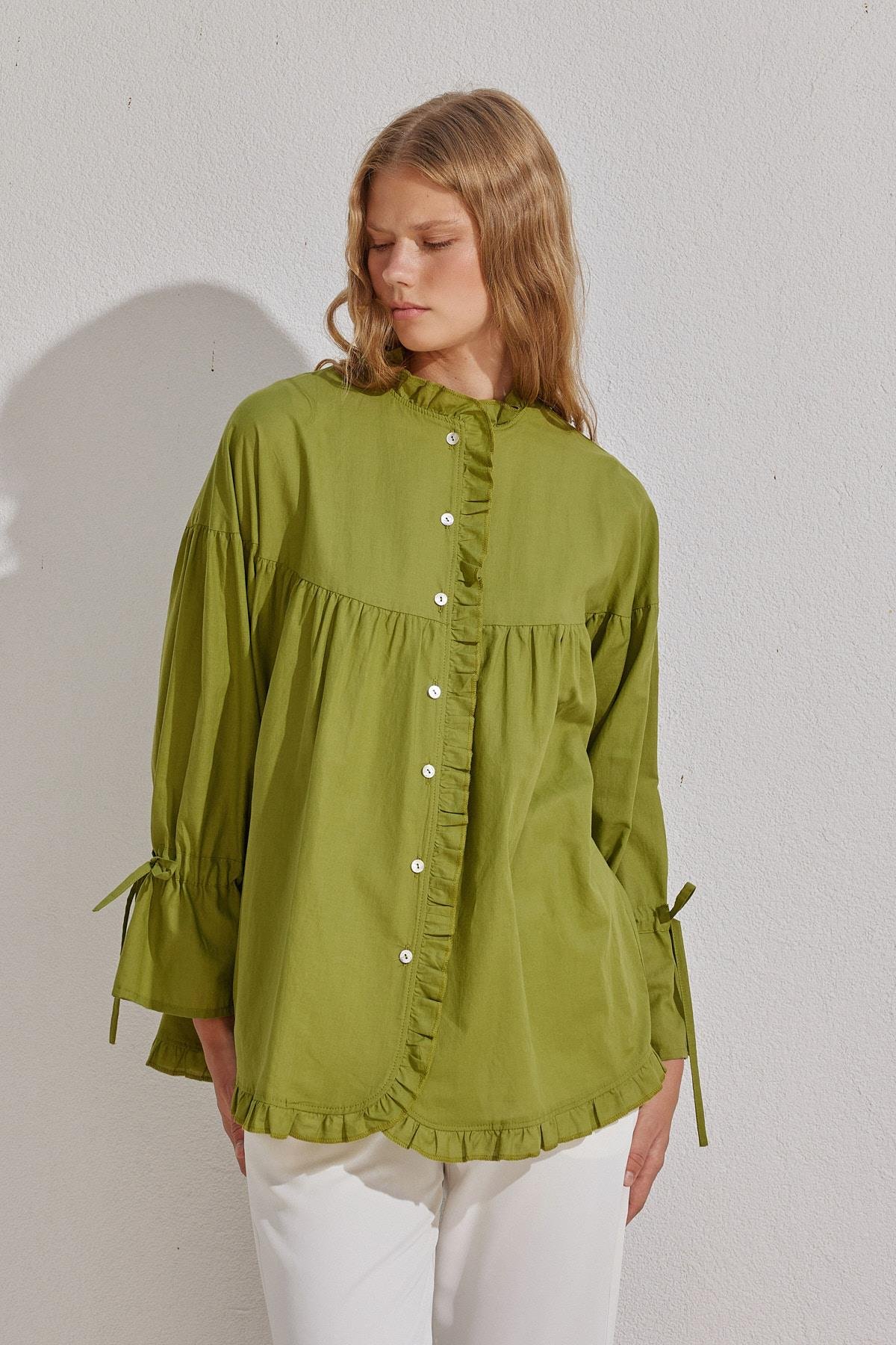 Olden Pamuk Vual Fırfırlı Gömlek - Elma Yeşil
