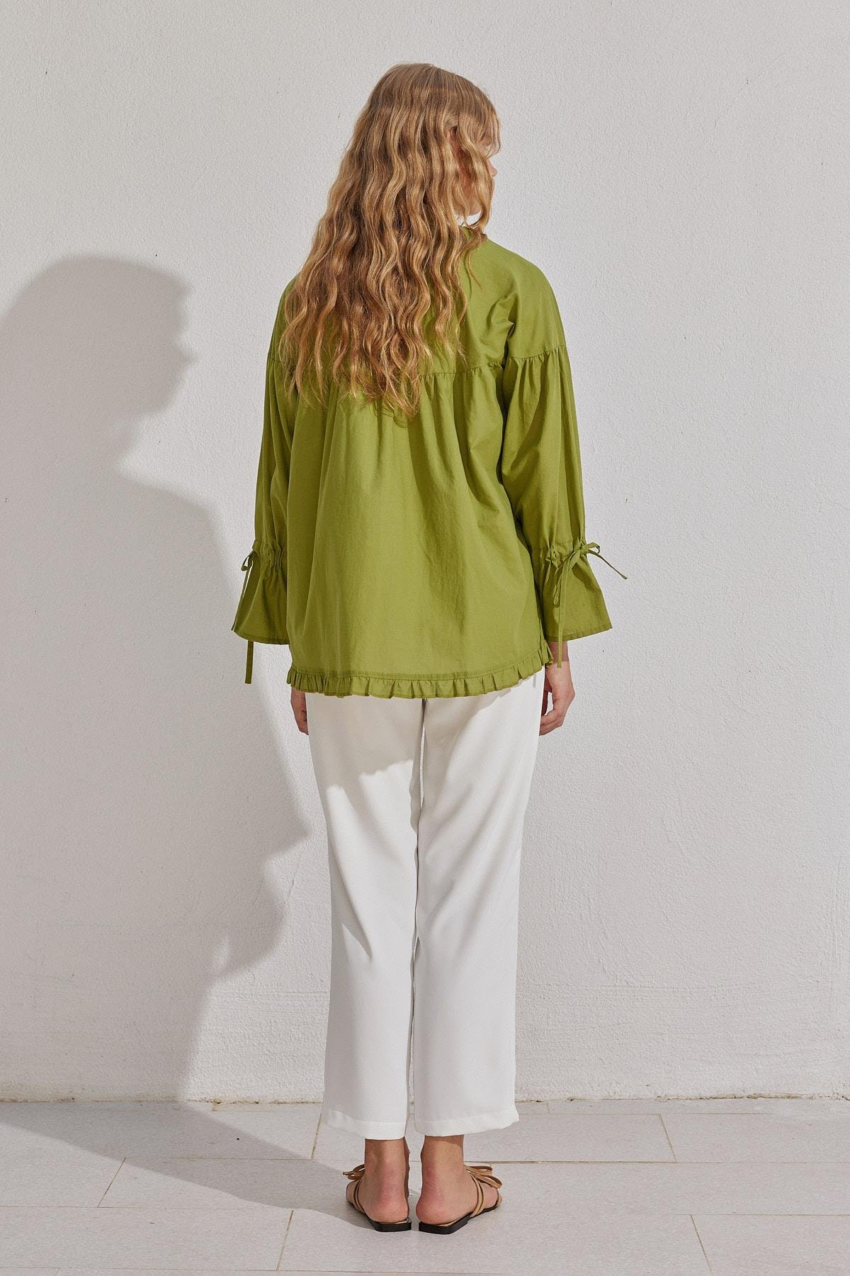 Olden Pamuk Vual Fırfırlı Gömlek - Elma Yeşil
