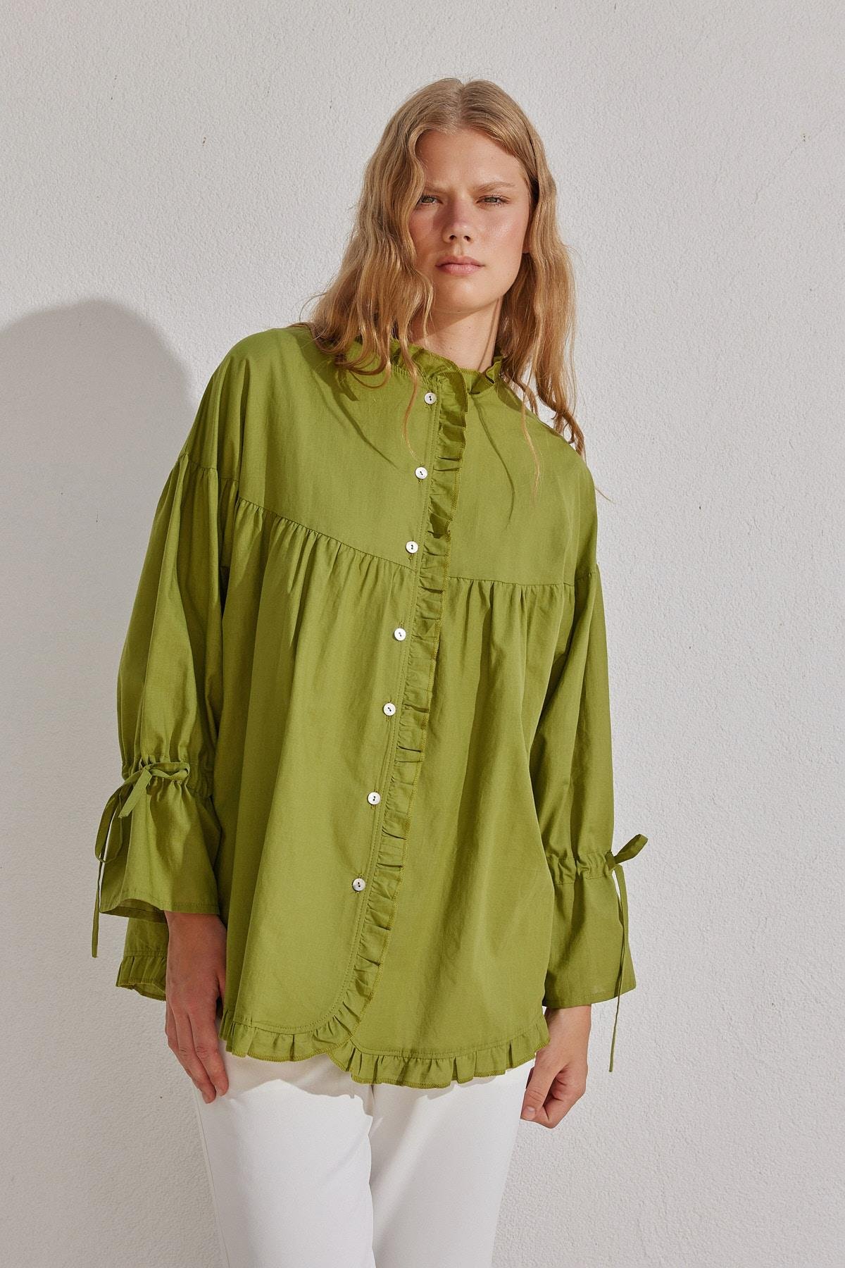Olden Pamuk Vual Fırfırlı Gömlek - Elma Yeşil