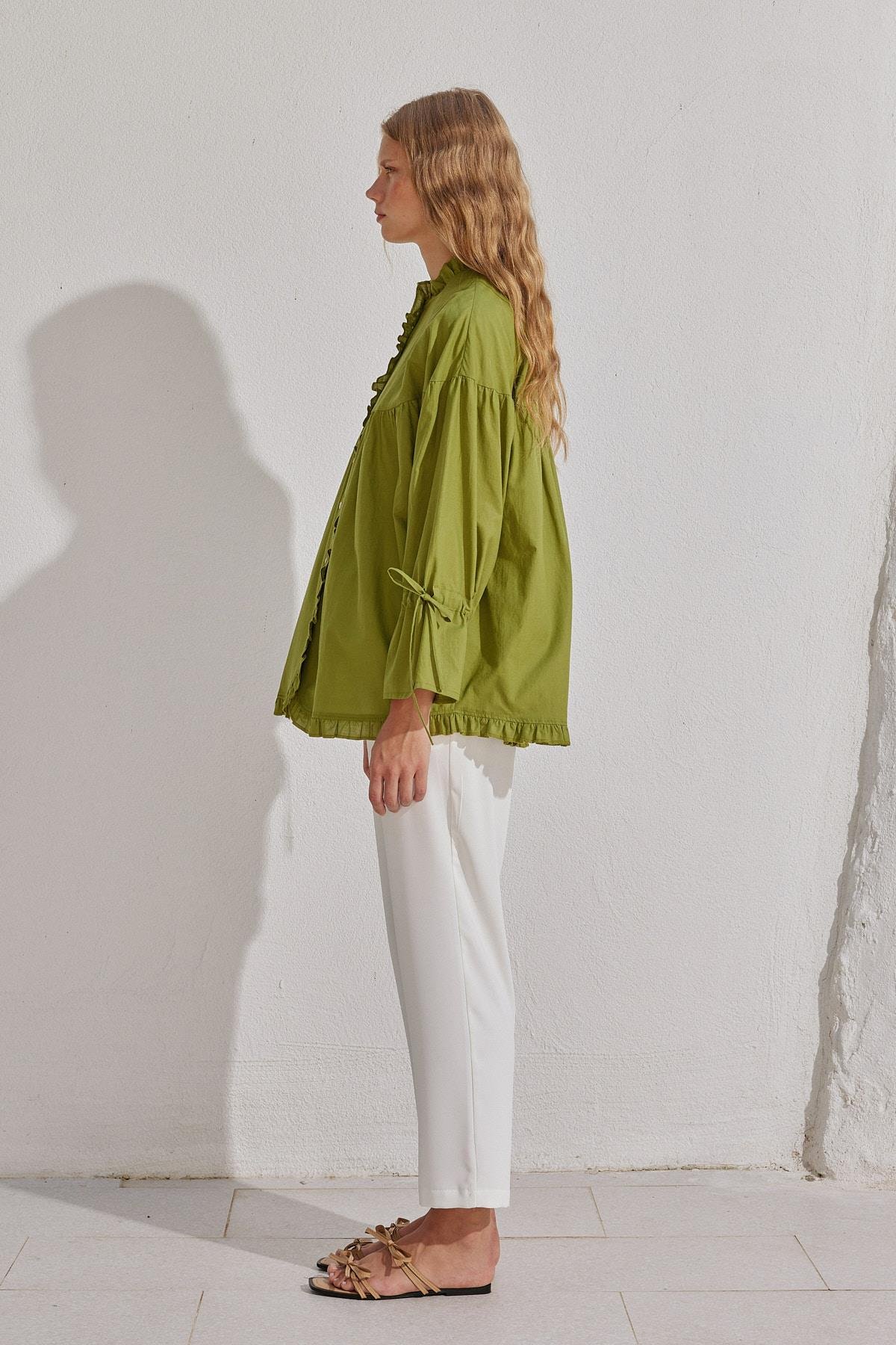 Olden Pamuk Vual Fırfırlı Gömlek - Elma Yeşil