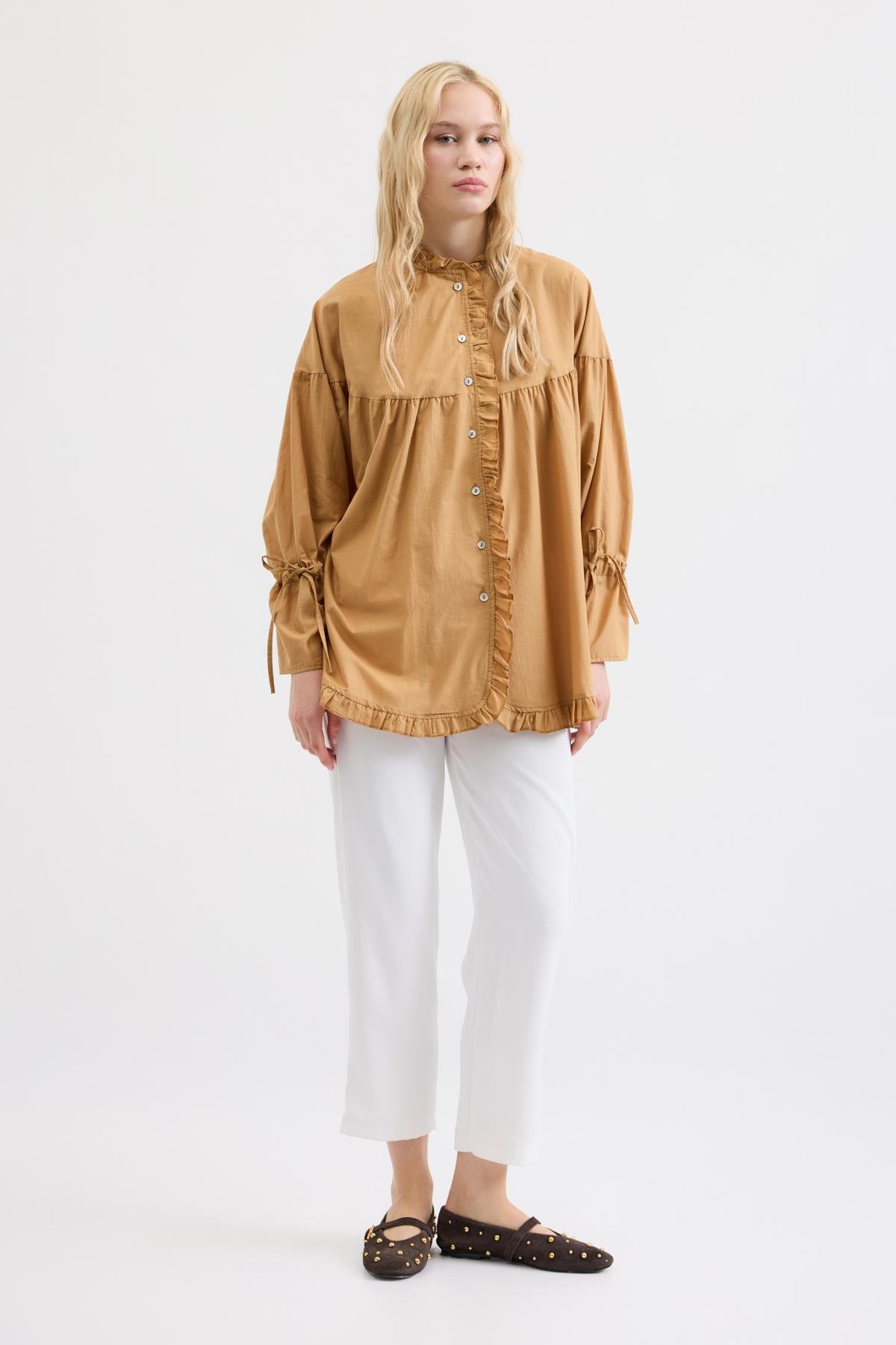 Olden Pamuk Vual Fırfırlı Gömlek- Hardal