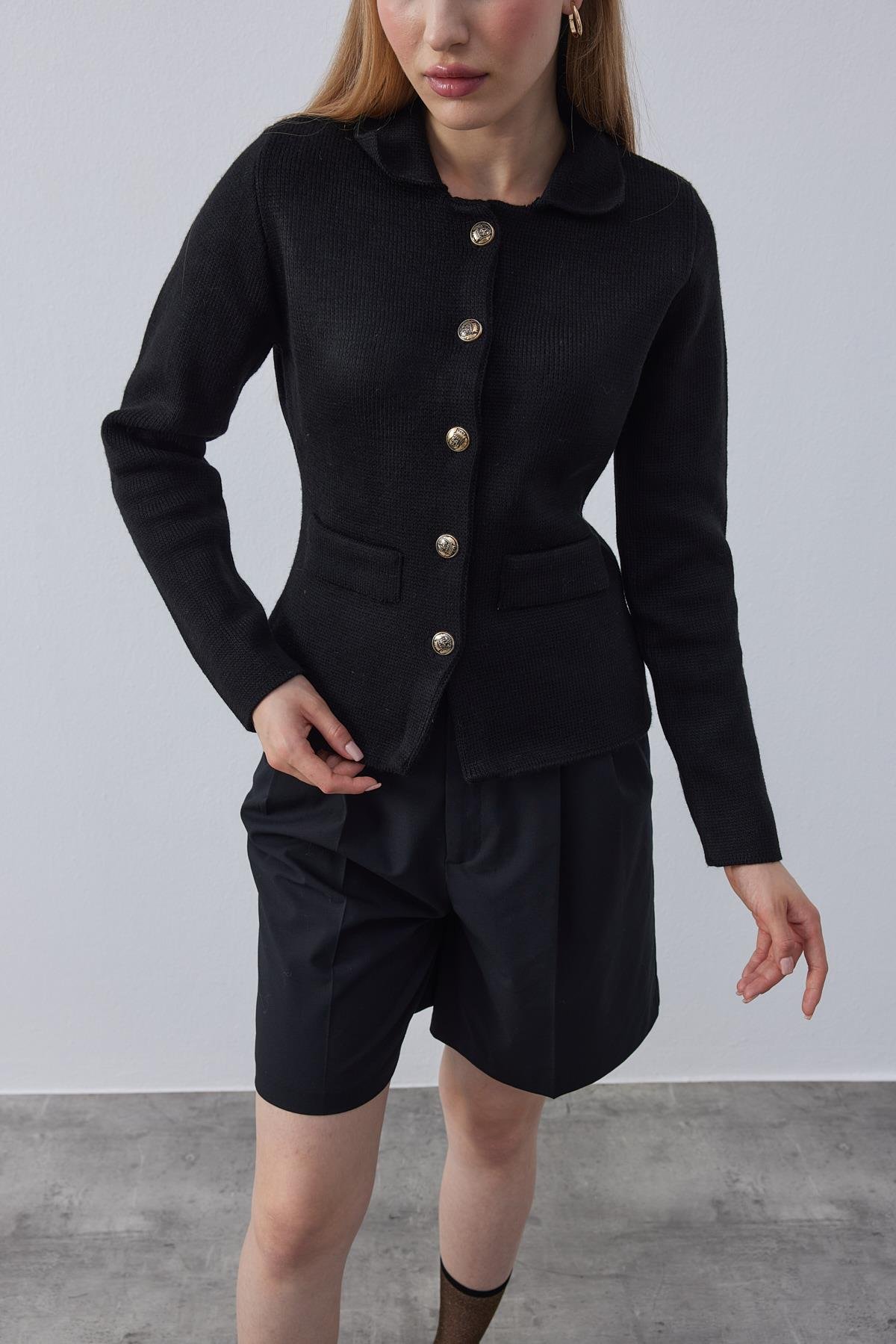 Olive Çelik Örme Triko Blazer - Siyah