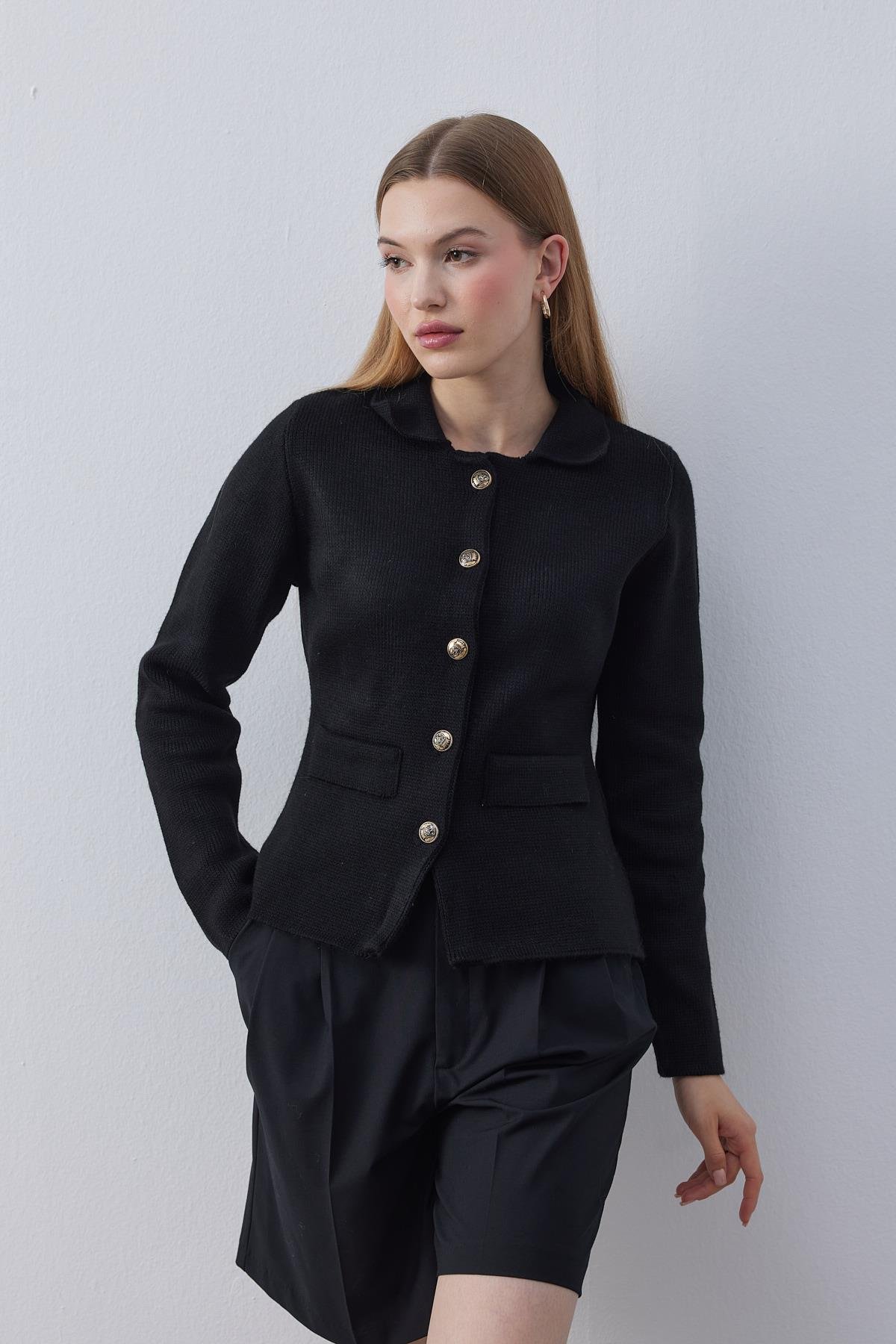 Olive Çelik Örme Triko Blazer - Siyah