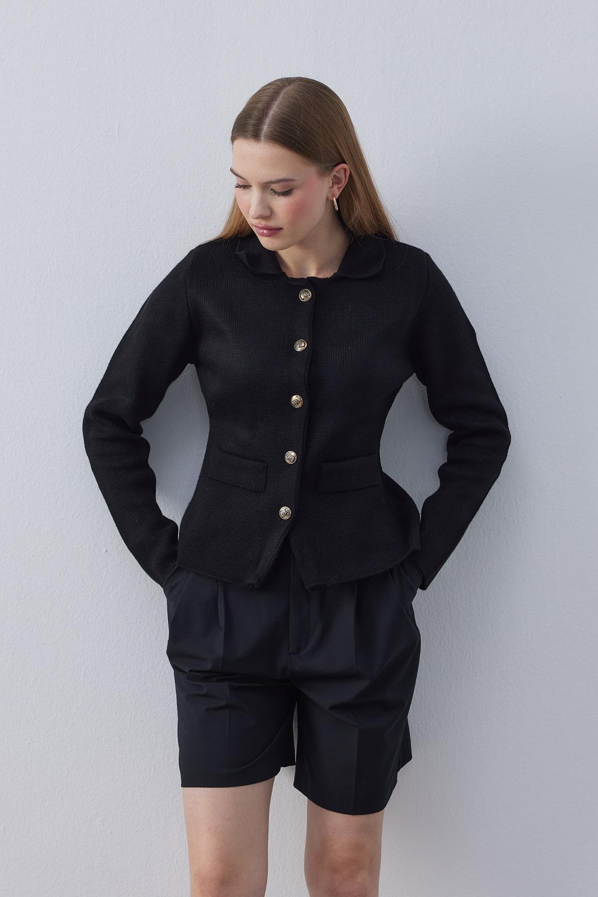 Olive Çelik Örme Triko Blazer - Siyah