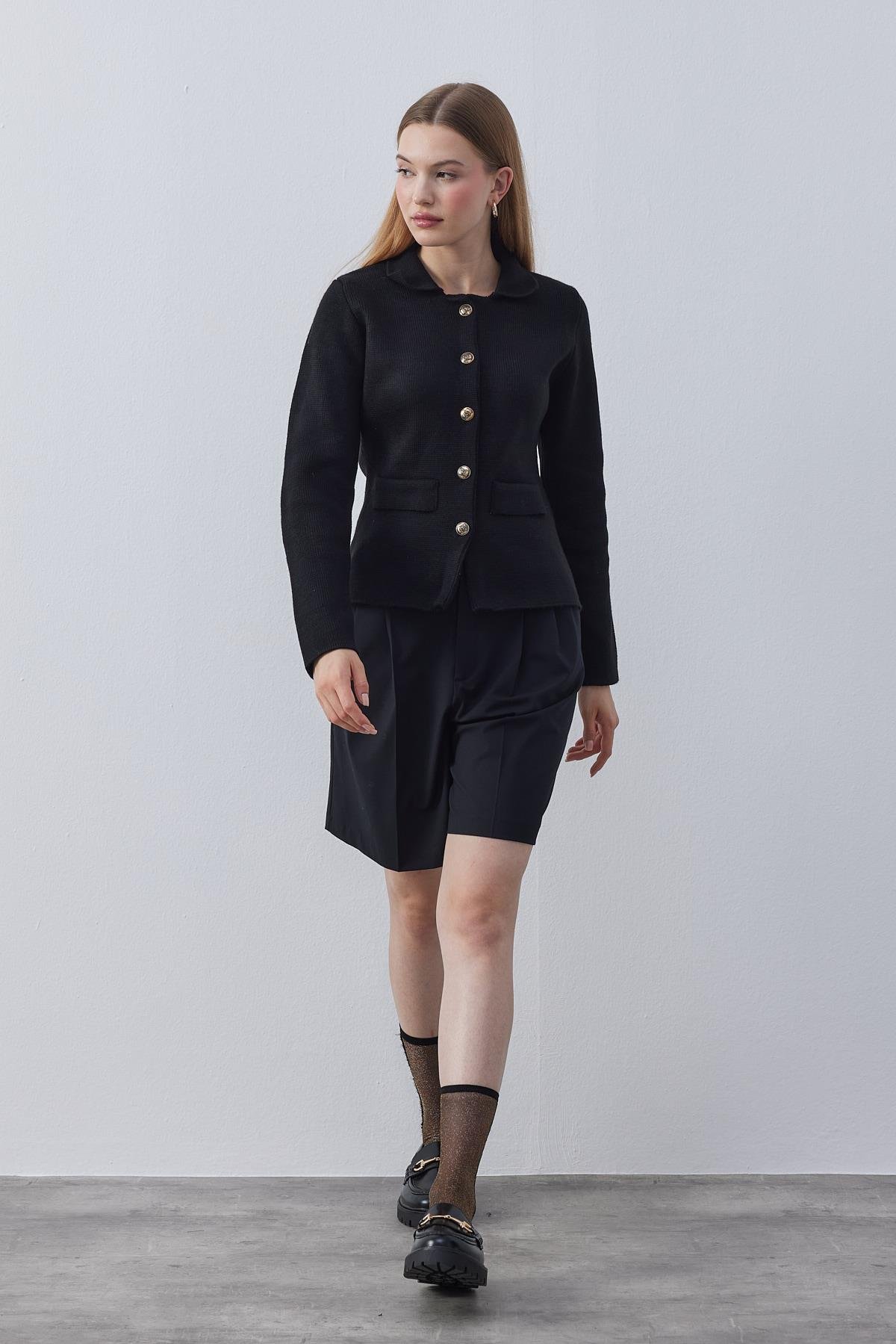 Olive Çelik Örme Triko Blazer - Siyah