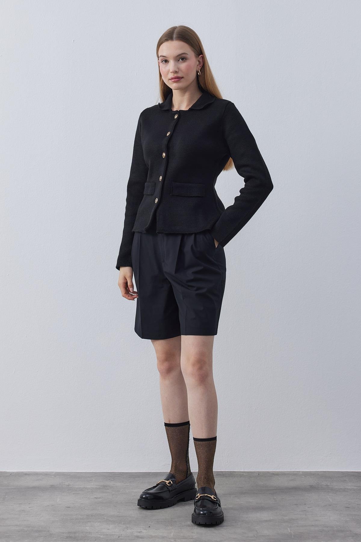 Olive Çelik Örme Triko Blazer - Siyah