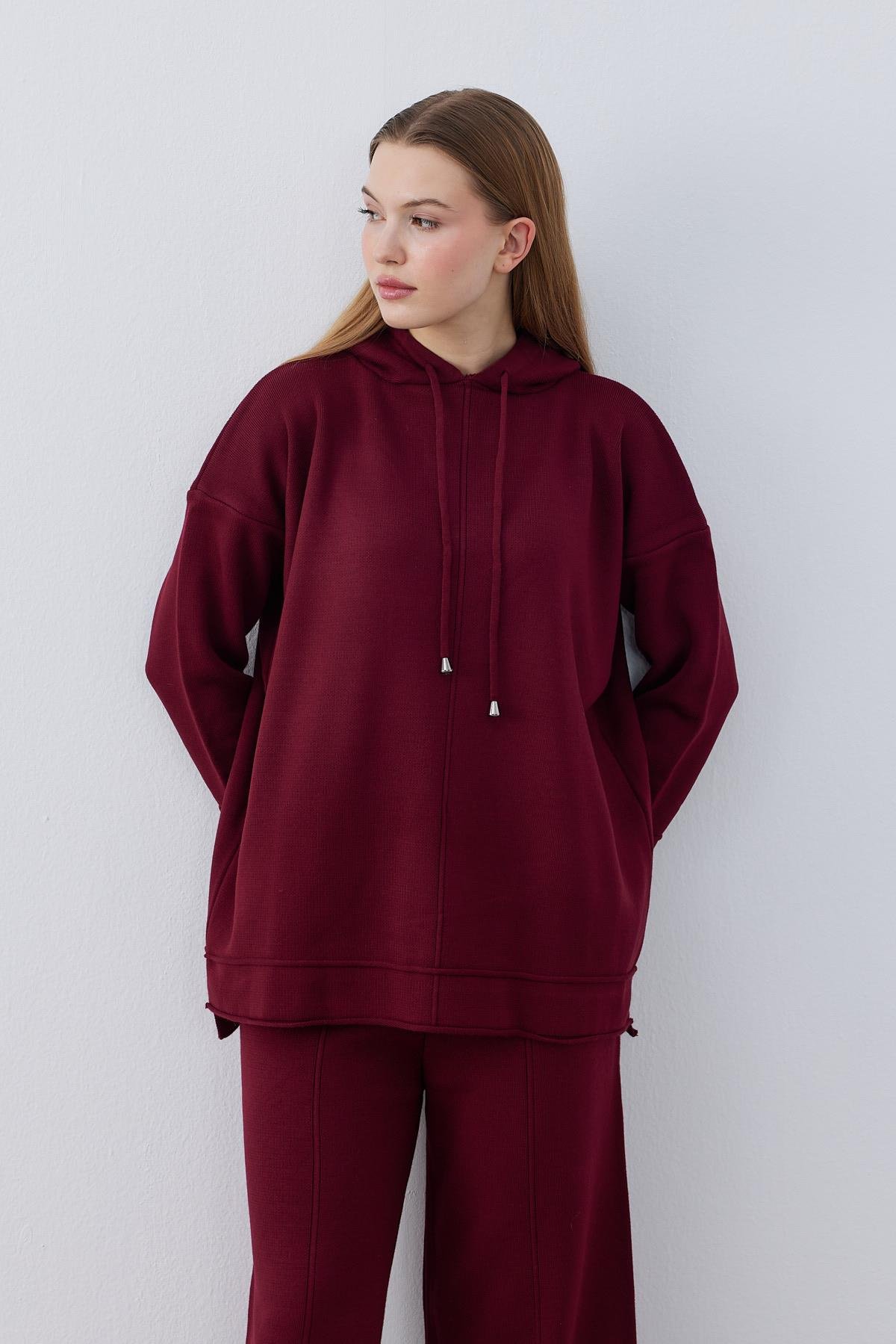Olivia Kapüşonlu Triko Takım - Bordo