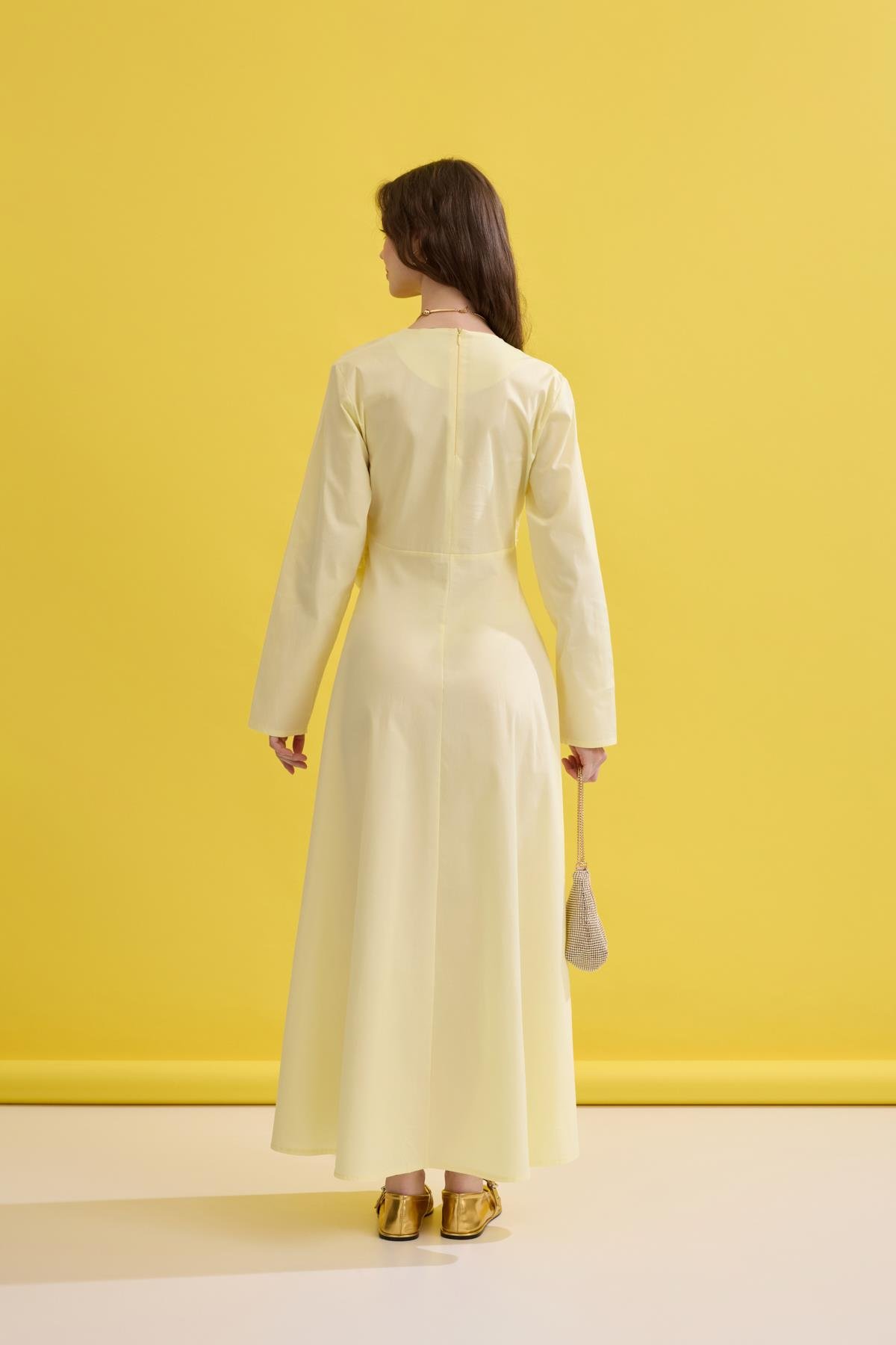 Olympia Drapeli Kuşaklı Poplin Elbise- Sarı
