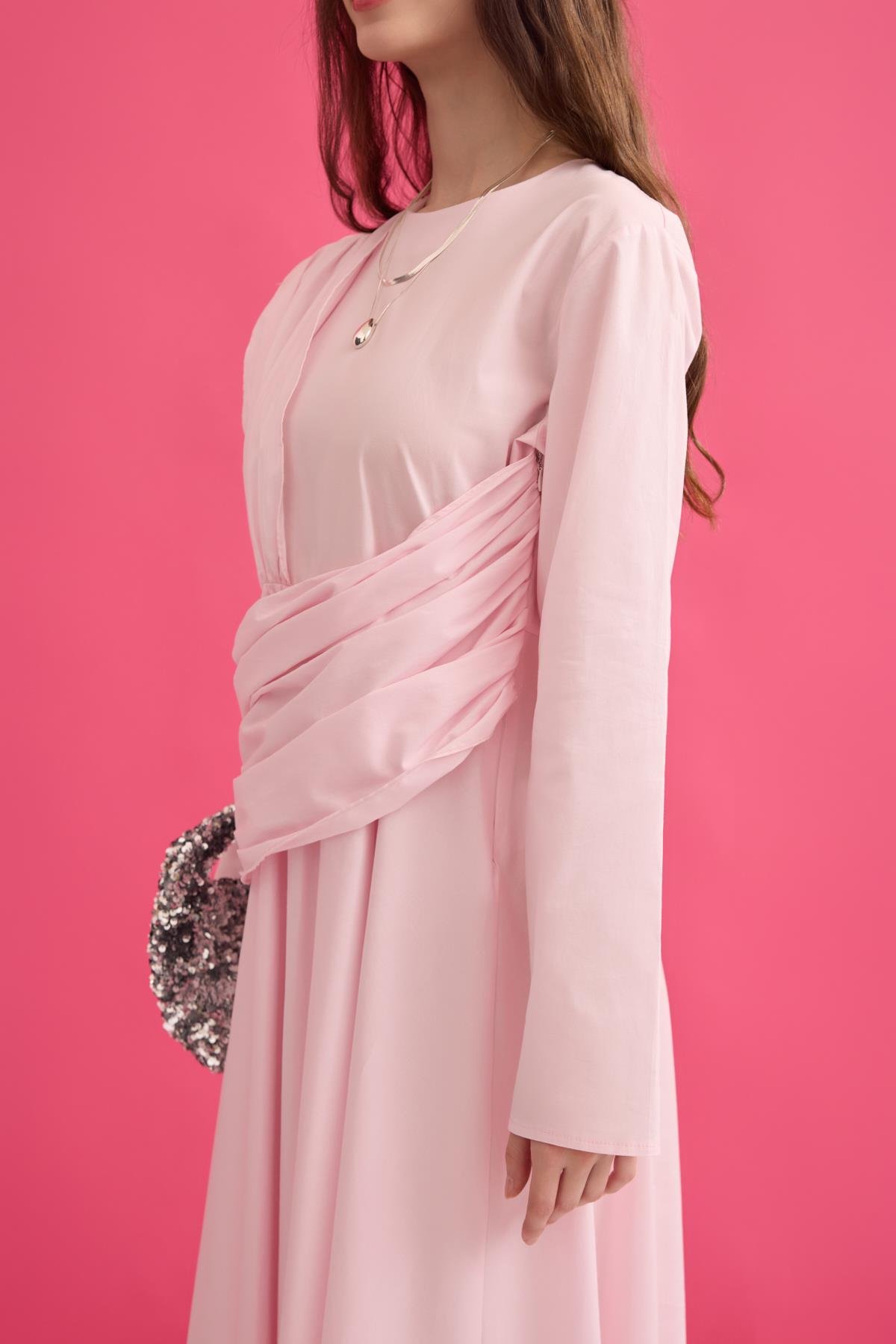 Olympia Drapeli Kuşaklı Poplin Elbise - Pembe