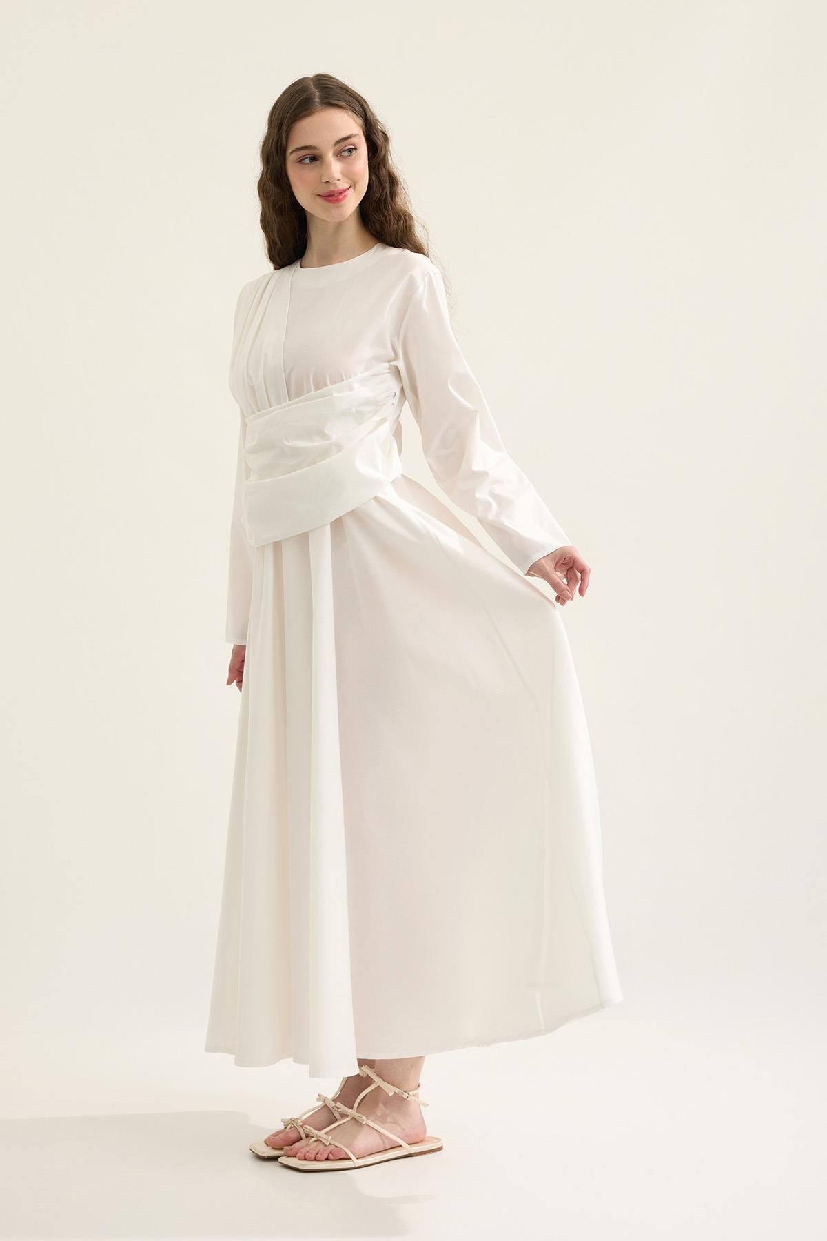 Olympia Drapeli Kuşaklı Poplin Elbise- Beyaz