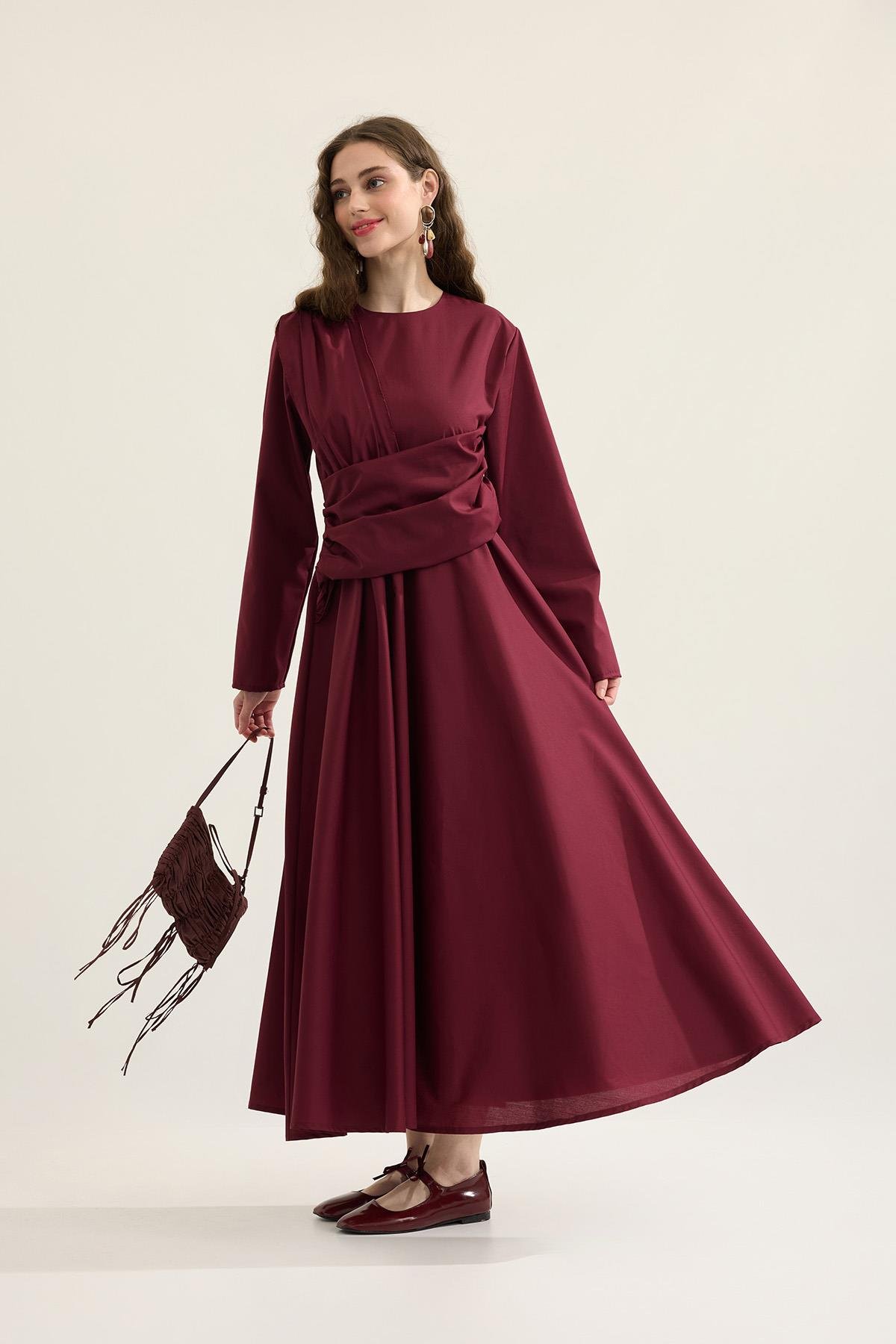 Olympia Drapeli Kuşaklı Poplin Elbise - Bordo