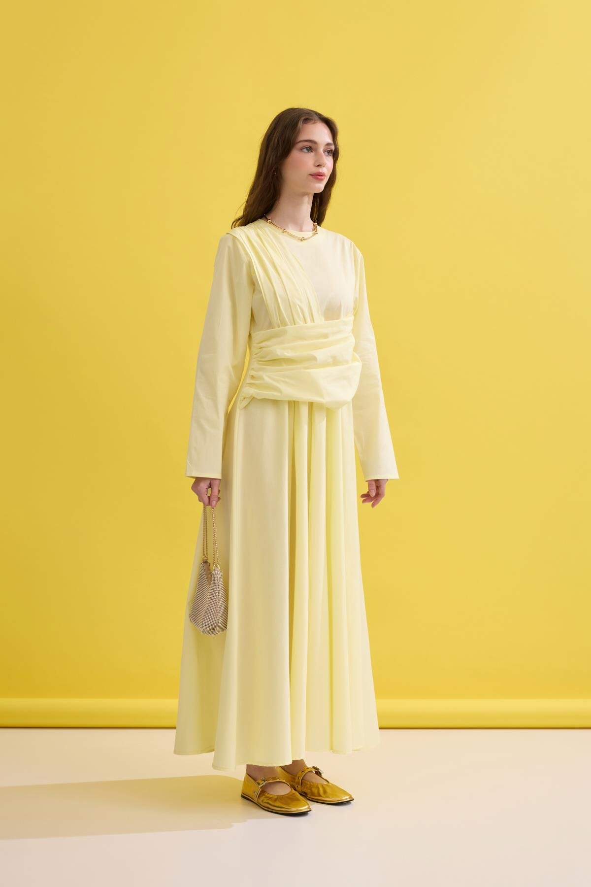 Olympia Drapeli Kuşaklı Poplin Elbise- Sarı