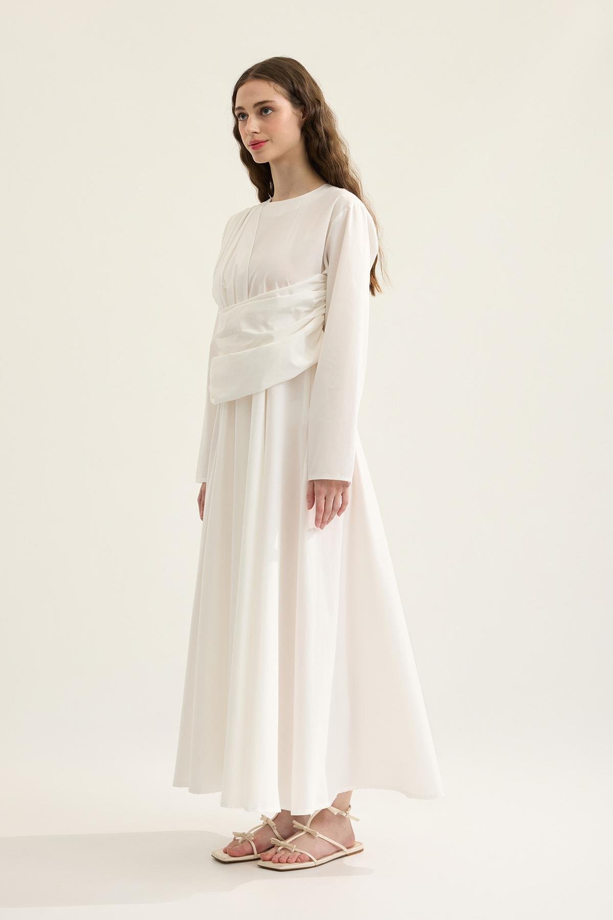 Olympia Drapeli Kuşaklı Poplin Elbise- Beyaz