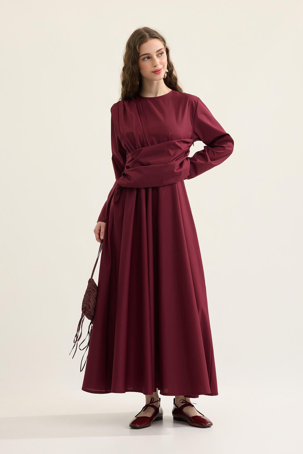 Olympia Drapeli Kuşaklı Poplin Elbise - Bordo