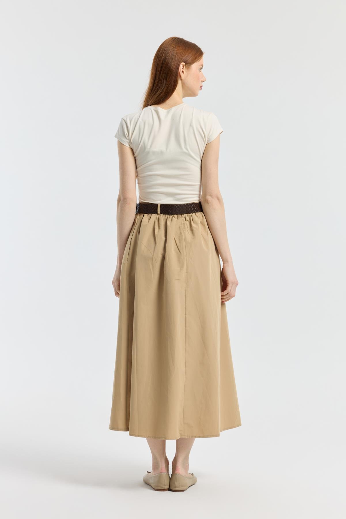 Onyx Büzgülü Kemerli Poplin Etek - Camel