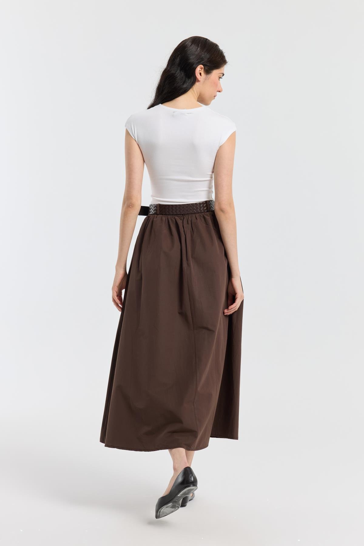 Onyx Büzgülü Kemerli Poplin Etek - Kahverengi