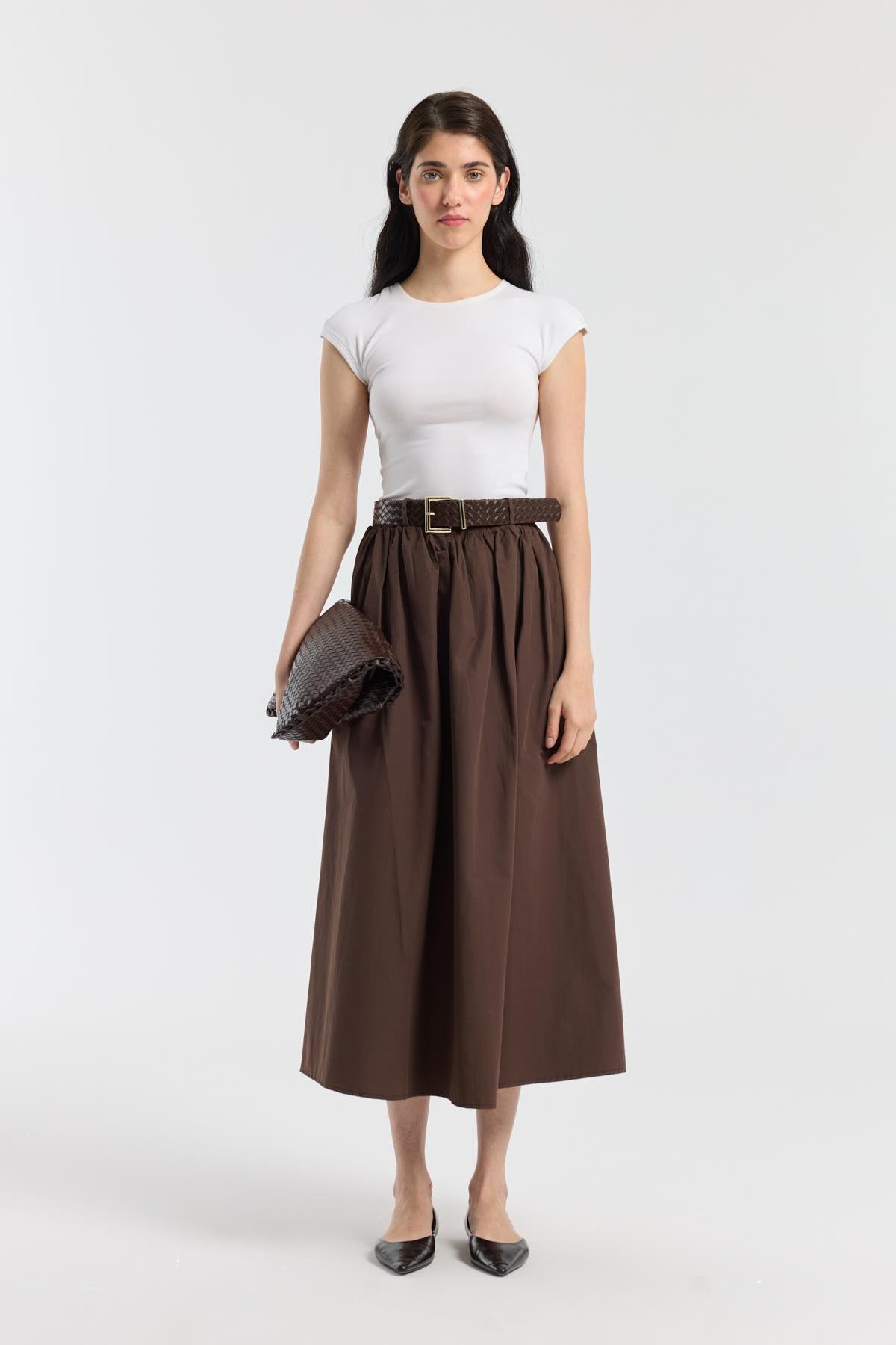 Onyx Büzgülü Kemerli Poplin Etek - Kahverengi