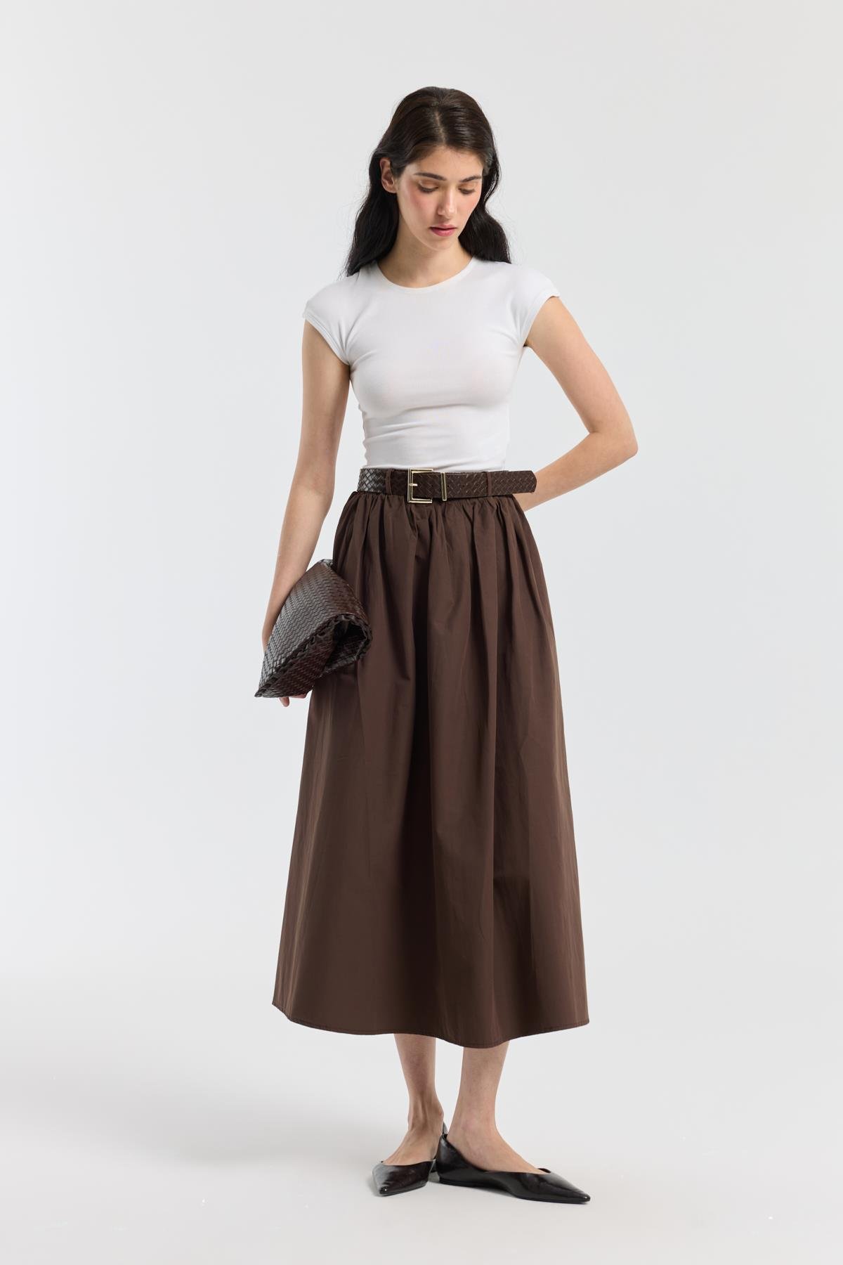Onyx Büzgülü Kemerli Poplin Etek - Kahverengi