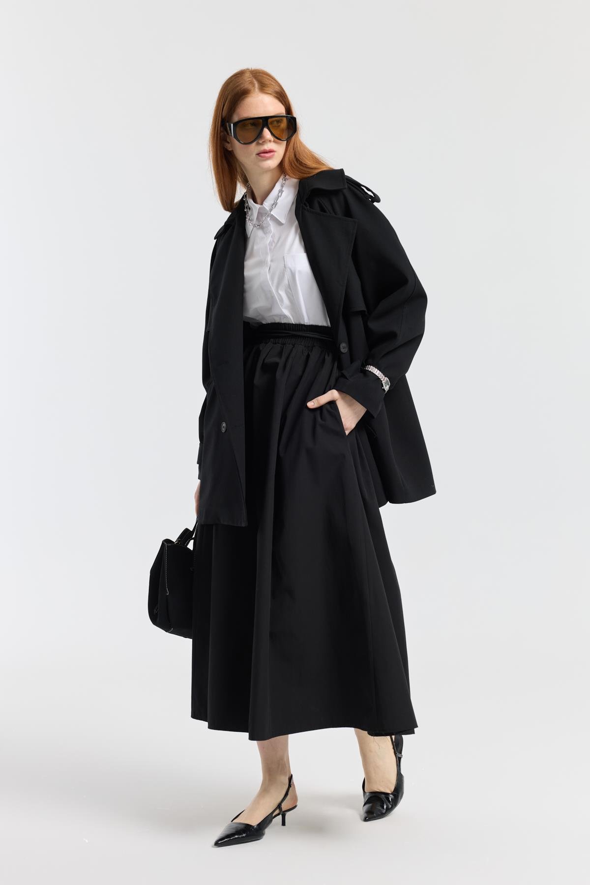 Onyx Büzgülü Kemerli Poplin Etek - Siyah 