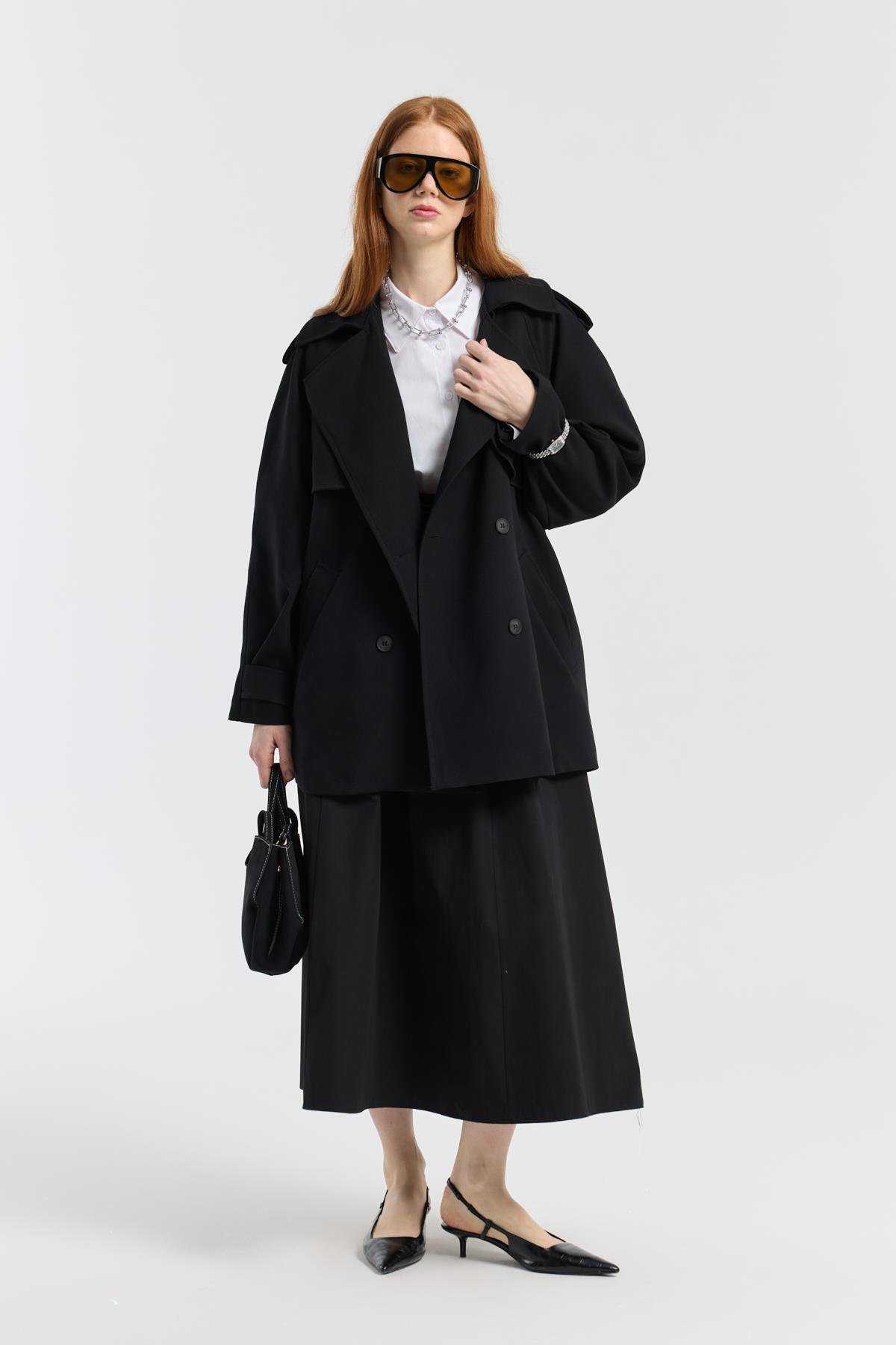 Onyx Büzgülü Kemerli Poplin Etek - Siyah 