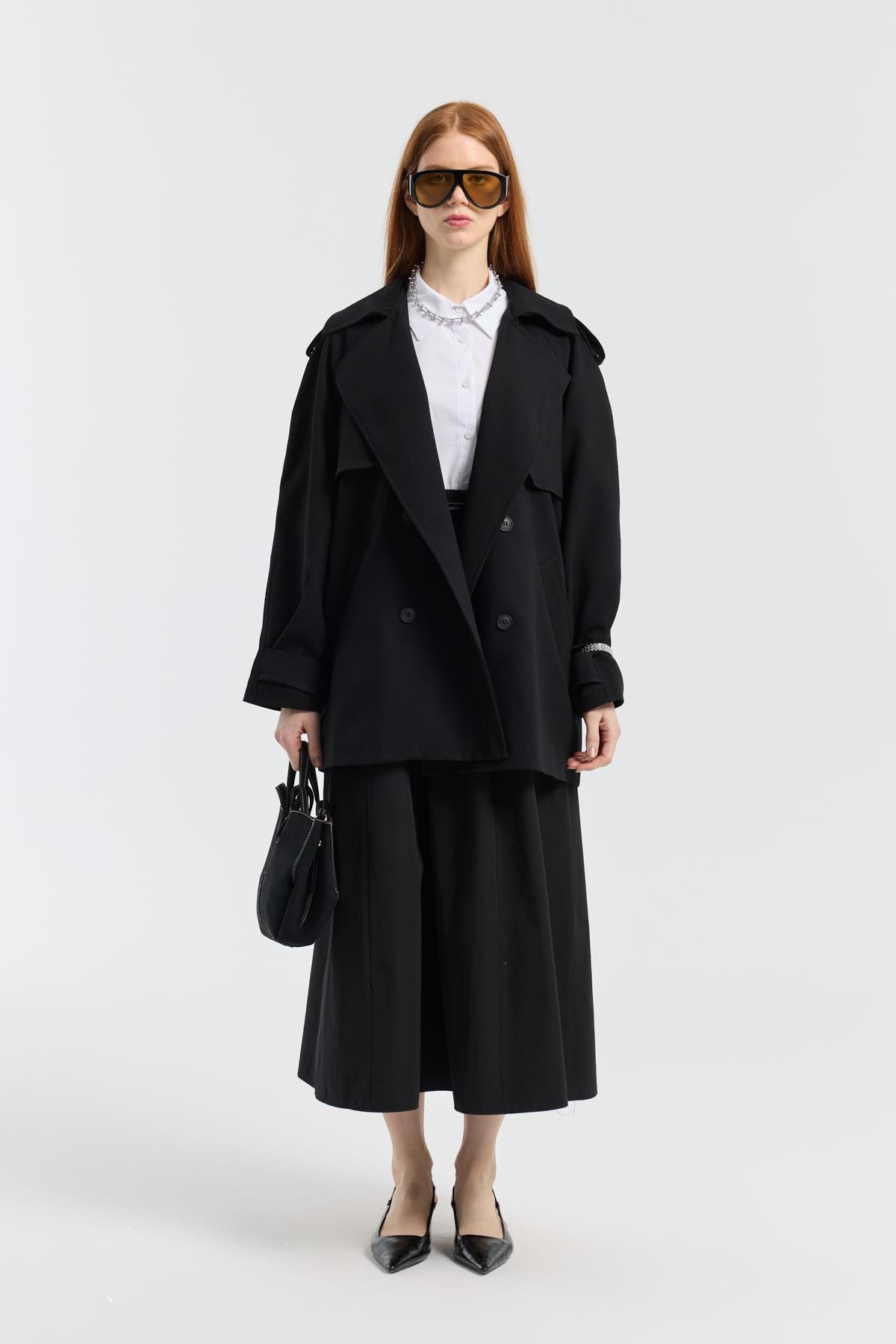 Onyx Büzgülü Kemerli Poplin Etek - Siyah 