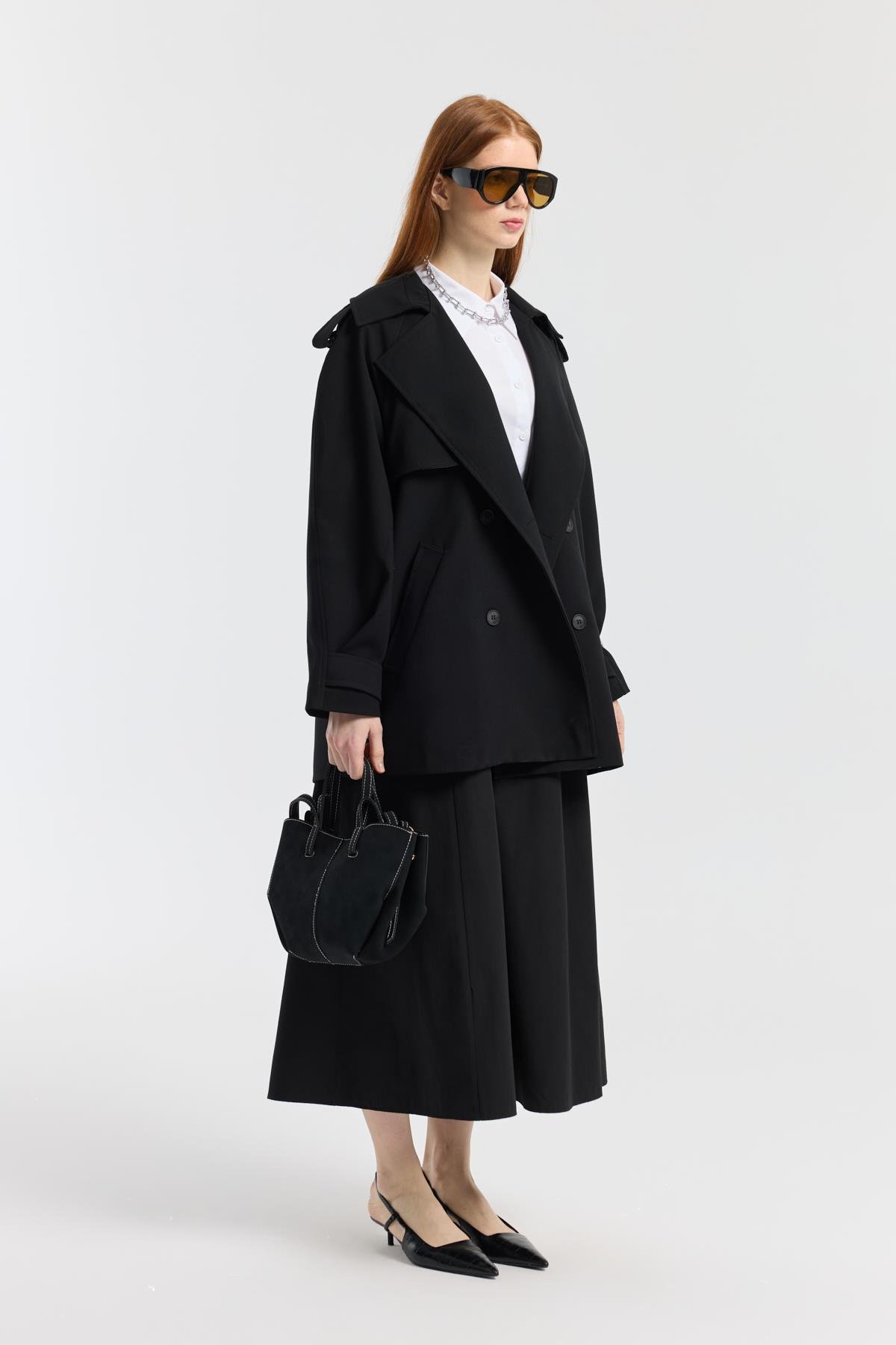 Onyx Büzgülü Kemerli Poplin Etek - Siyah 