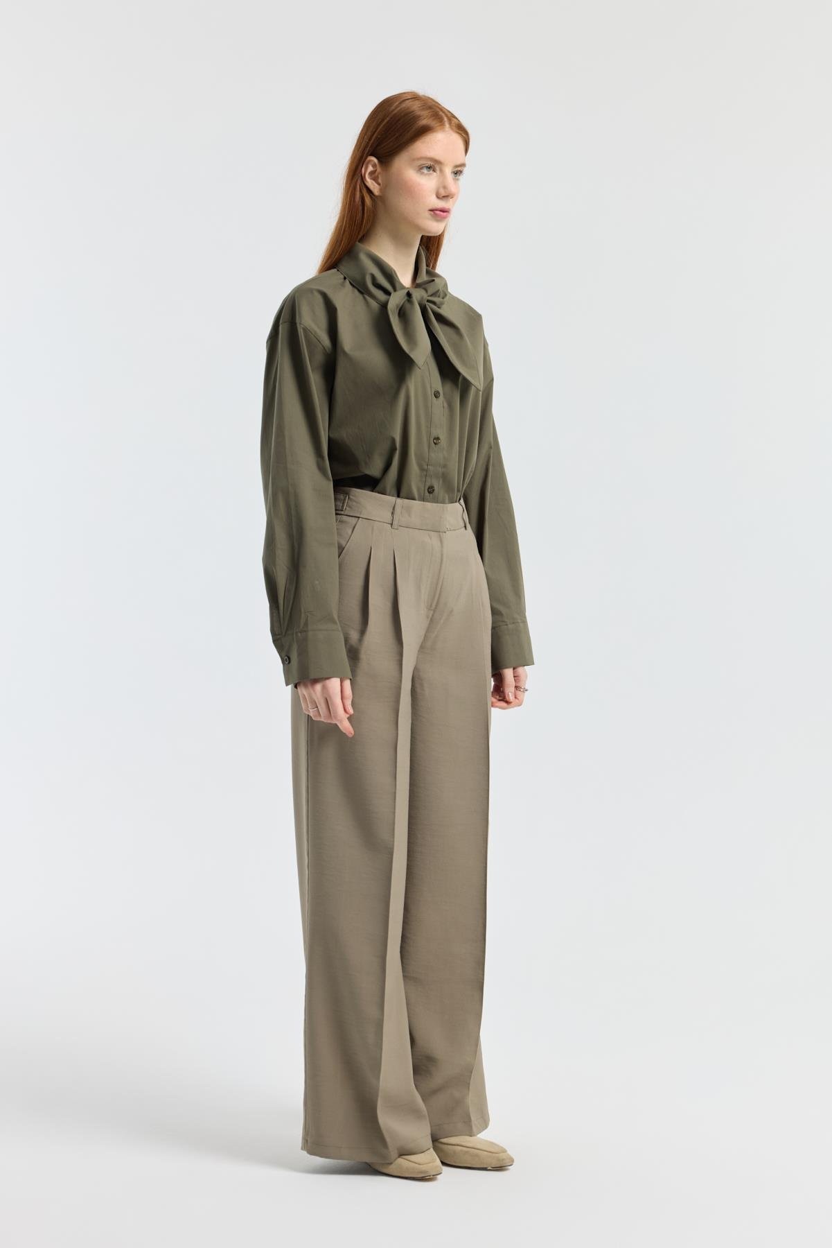 Orchid Düğme Detaylı Pileli Palazzo Pantolon - Haki