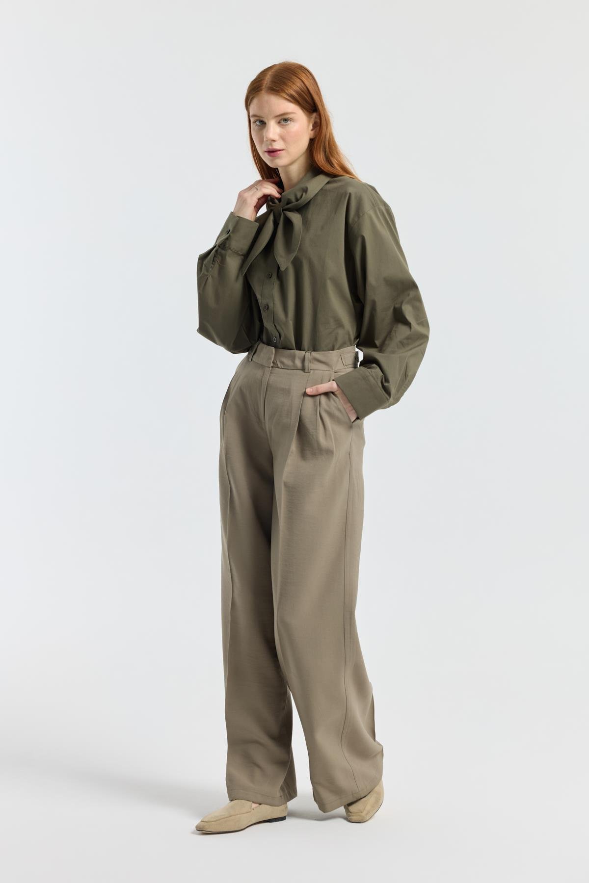 Orchid Düğme Detaylı Pileli Palazzo Pantolon - Haki