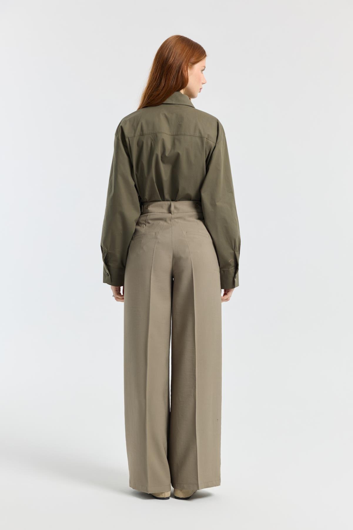 Orchid Düğme Detaylı Pileli Palazzo Pantolon - Haki