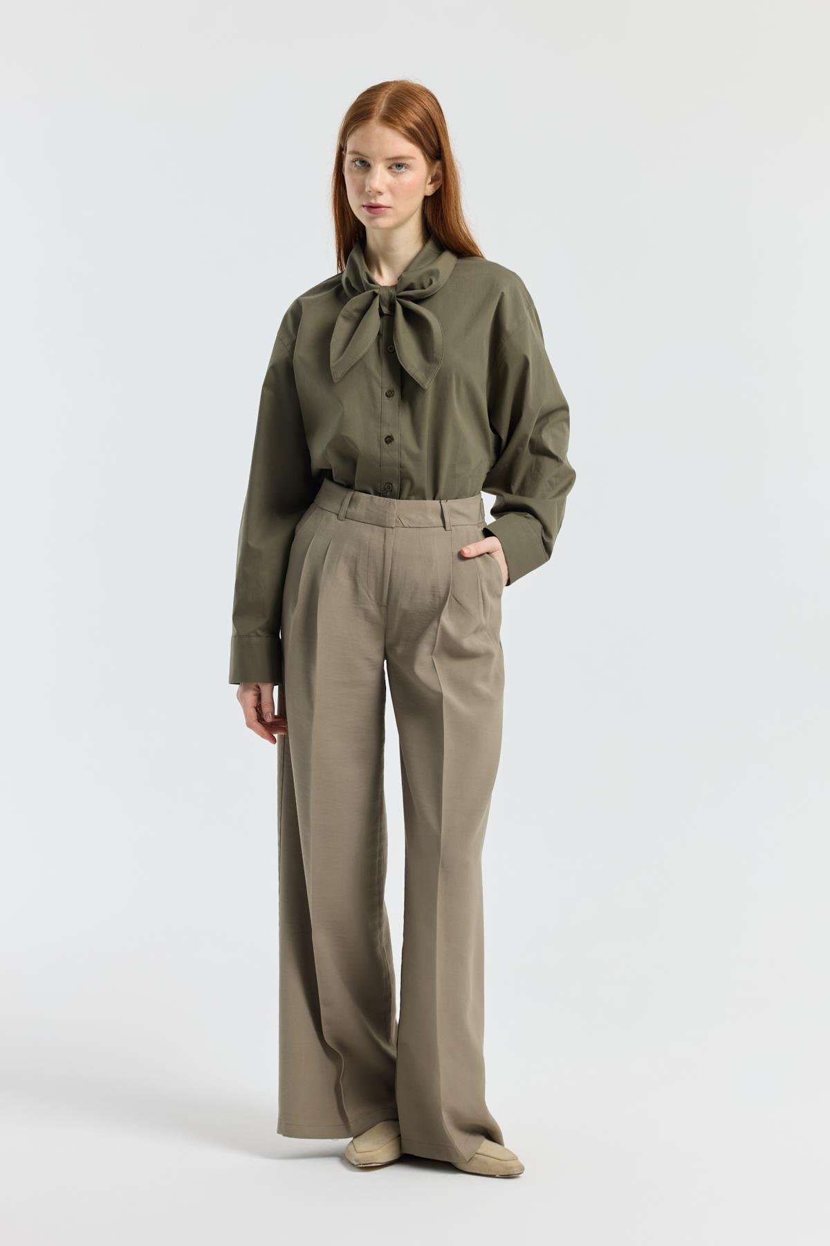 Orchid Düğme Detaylı Pileli Palazzo Pantolon - Haki