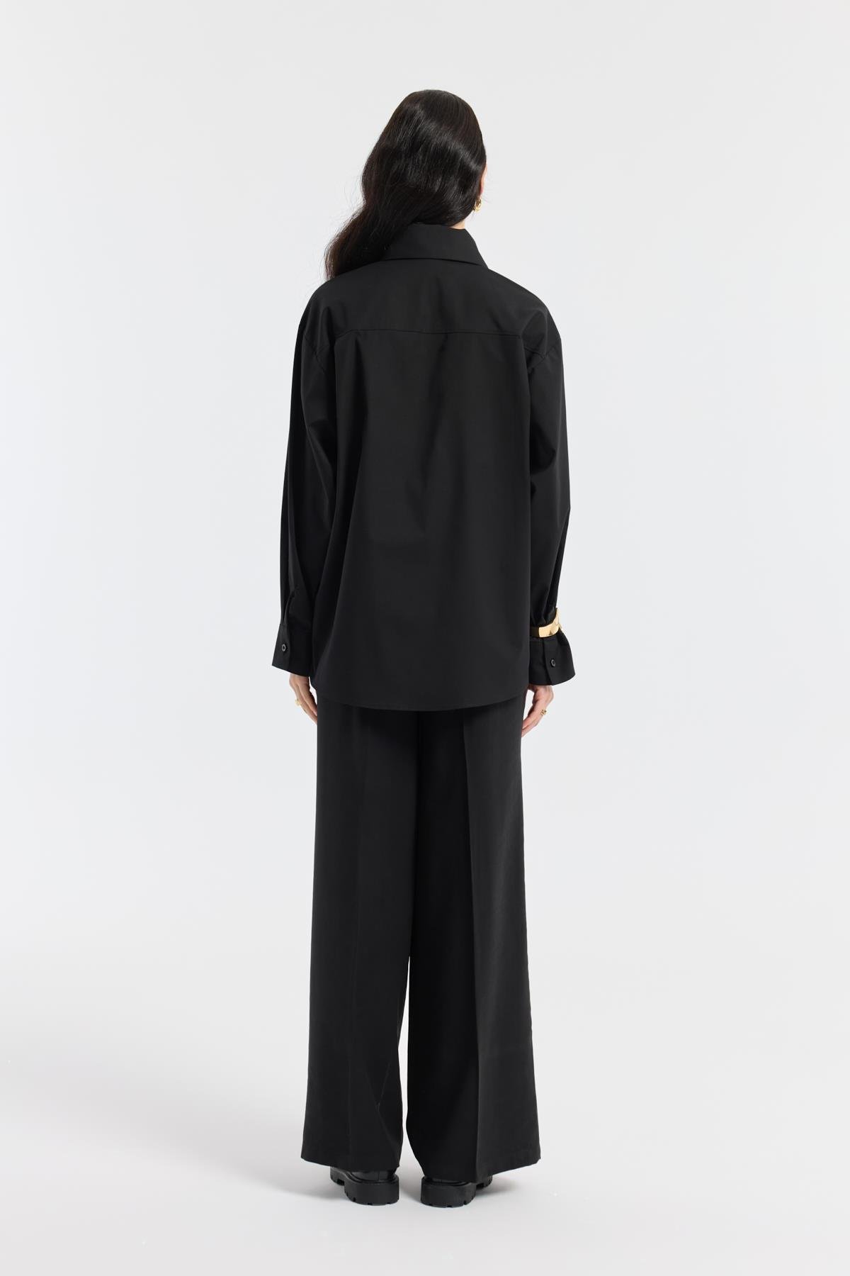 Orchid Düğme Detaylı Pileli Palazzo Pantolon - Siyah