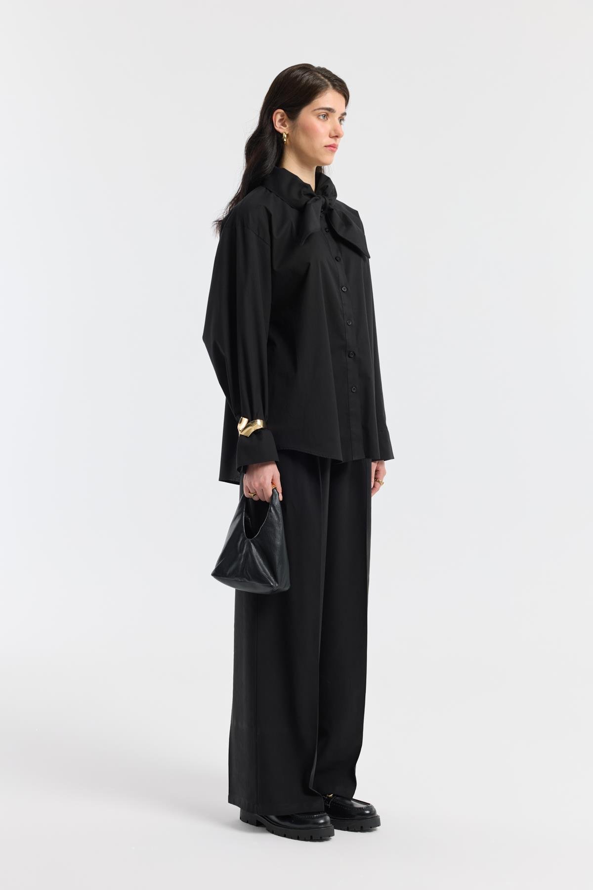 Orchid Düğme Detaylı Pileli Palazzo Pantolon - Siyah