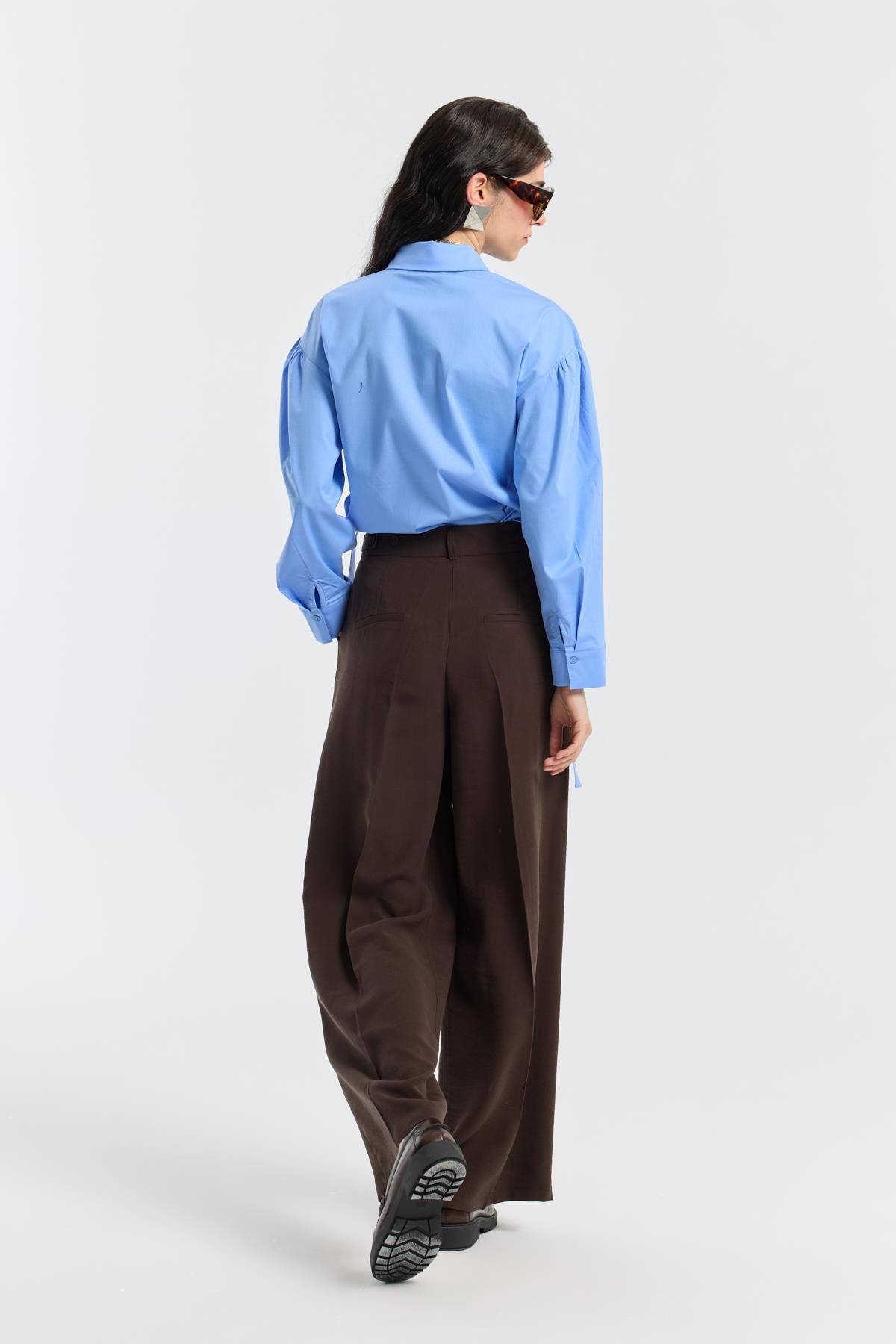 Orchid Düğme Detaylı Pileli Palazzo Pantolon - Kahverengi